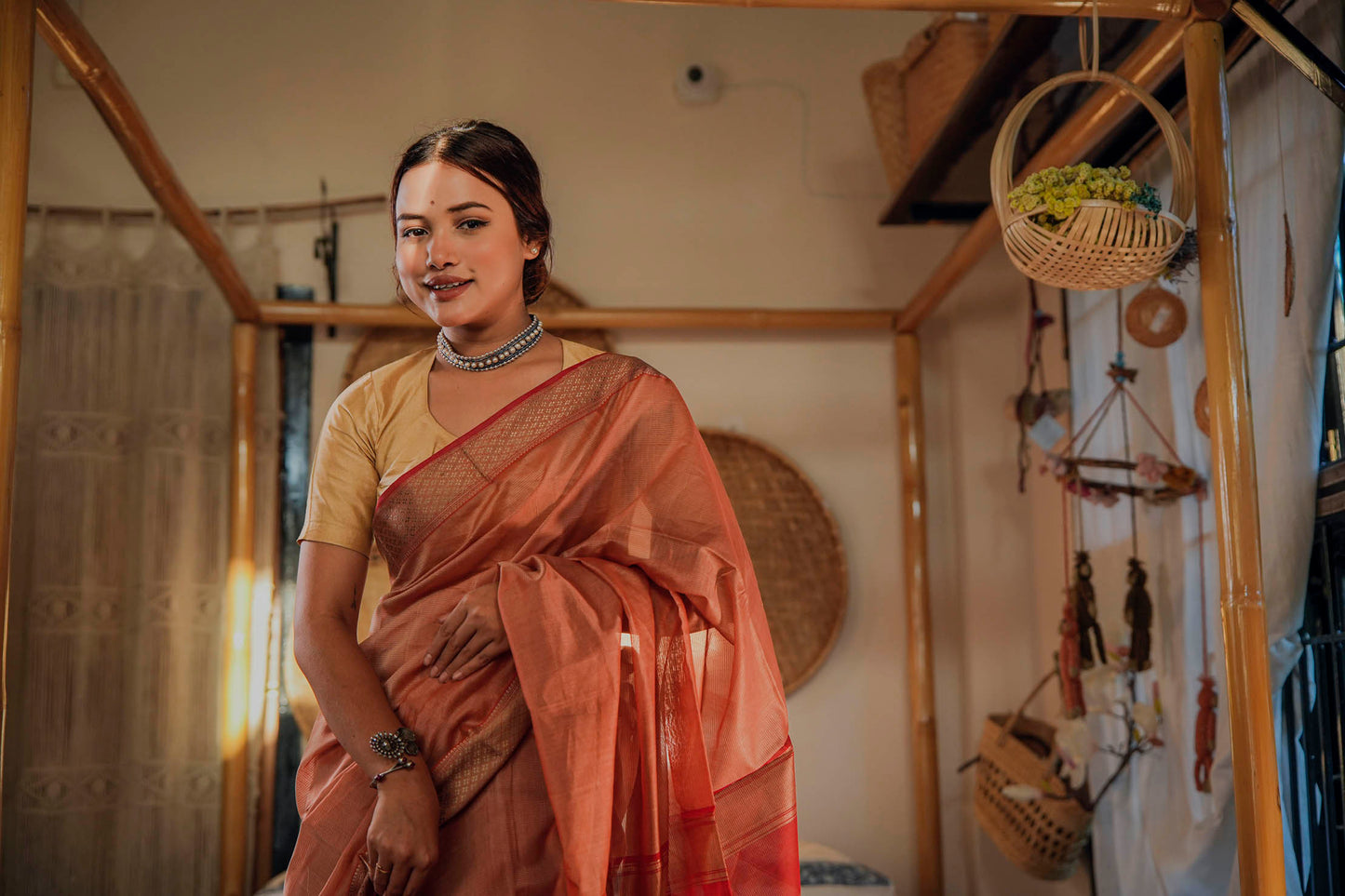 Red-Gold Maheshwari Cotton-Silk Handwoven Saree