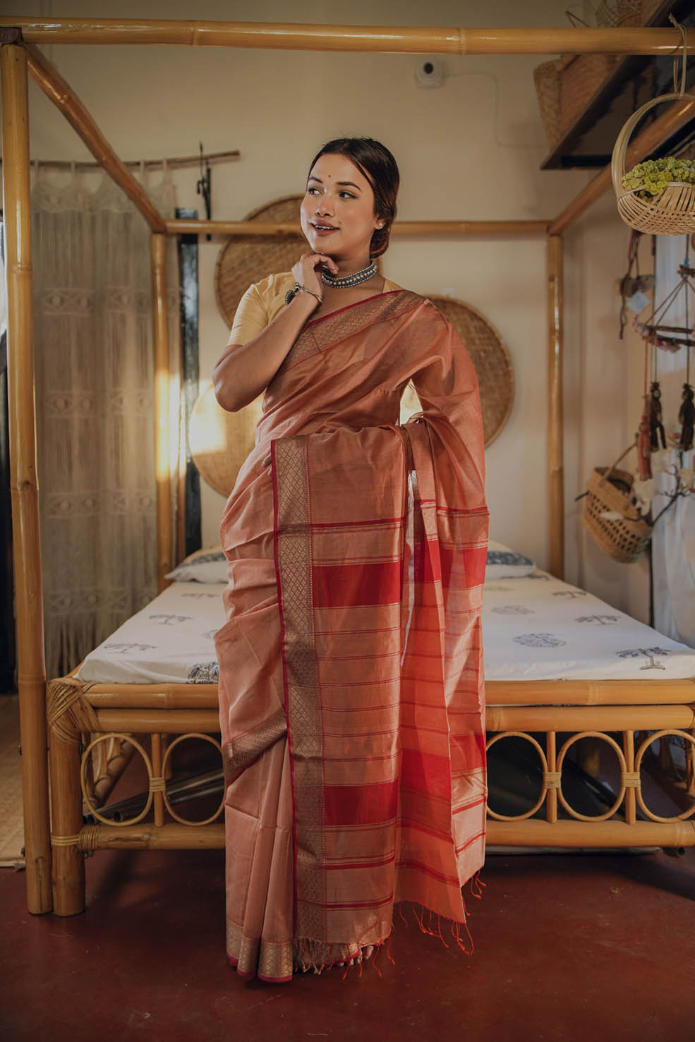 Red-Gold Maheshwari Cotton-Silk Handwoven Saree