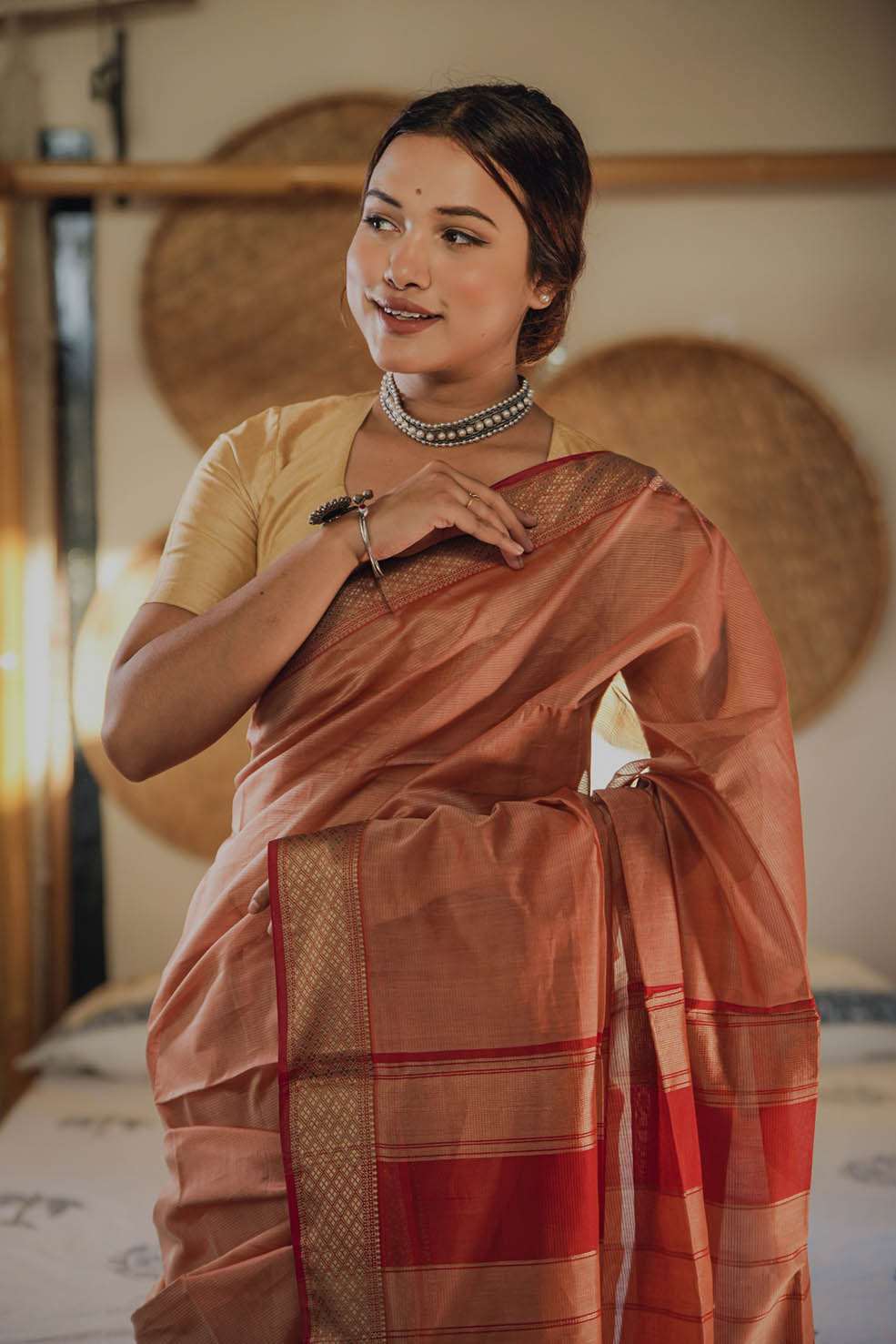 Red-Gold Maheshwari Cotton-Silk Handwoven Saree