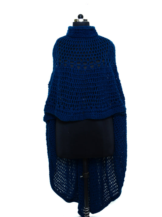 Hand Knitted Woollen Poncho- Navy Blue