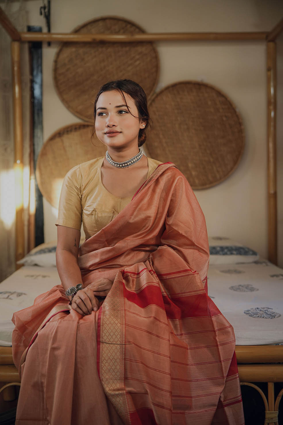 Red-Gold Maheshwari Cotton-Silk Handwoven Saree