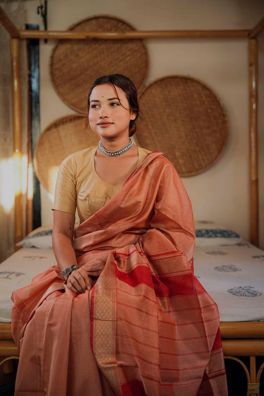 Red-Gold Maheshwari Cotton-Silk Handwoven Saree