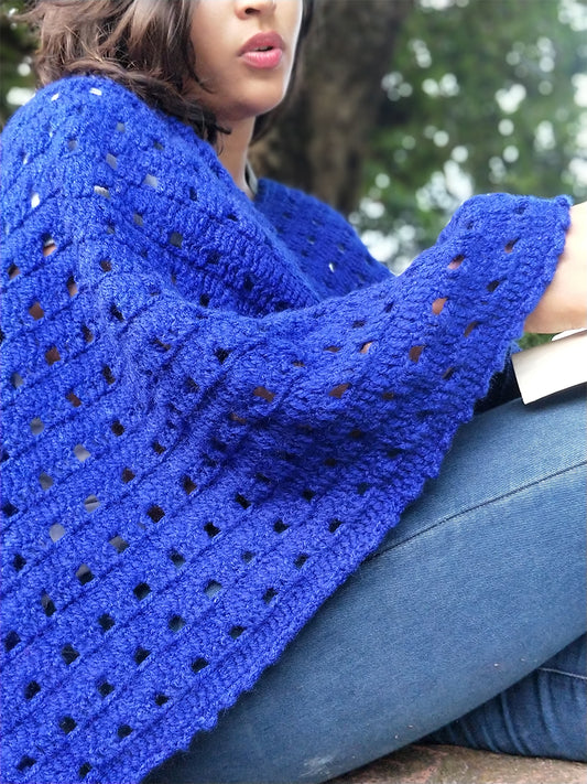 Hand Knitted Woollen Shawl- Dark Blue