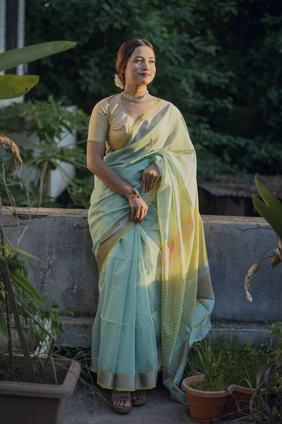 Yellow-Green Maheshwari Cotton-Silk Handwoven Saree