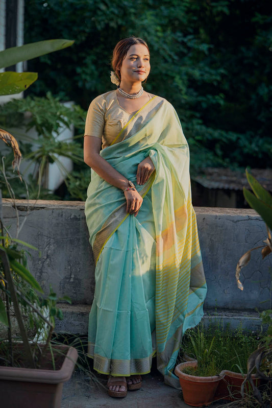 Yellow-Green Maheshwari Cotton-Silk Handwoven Saree