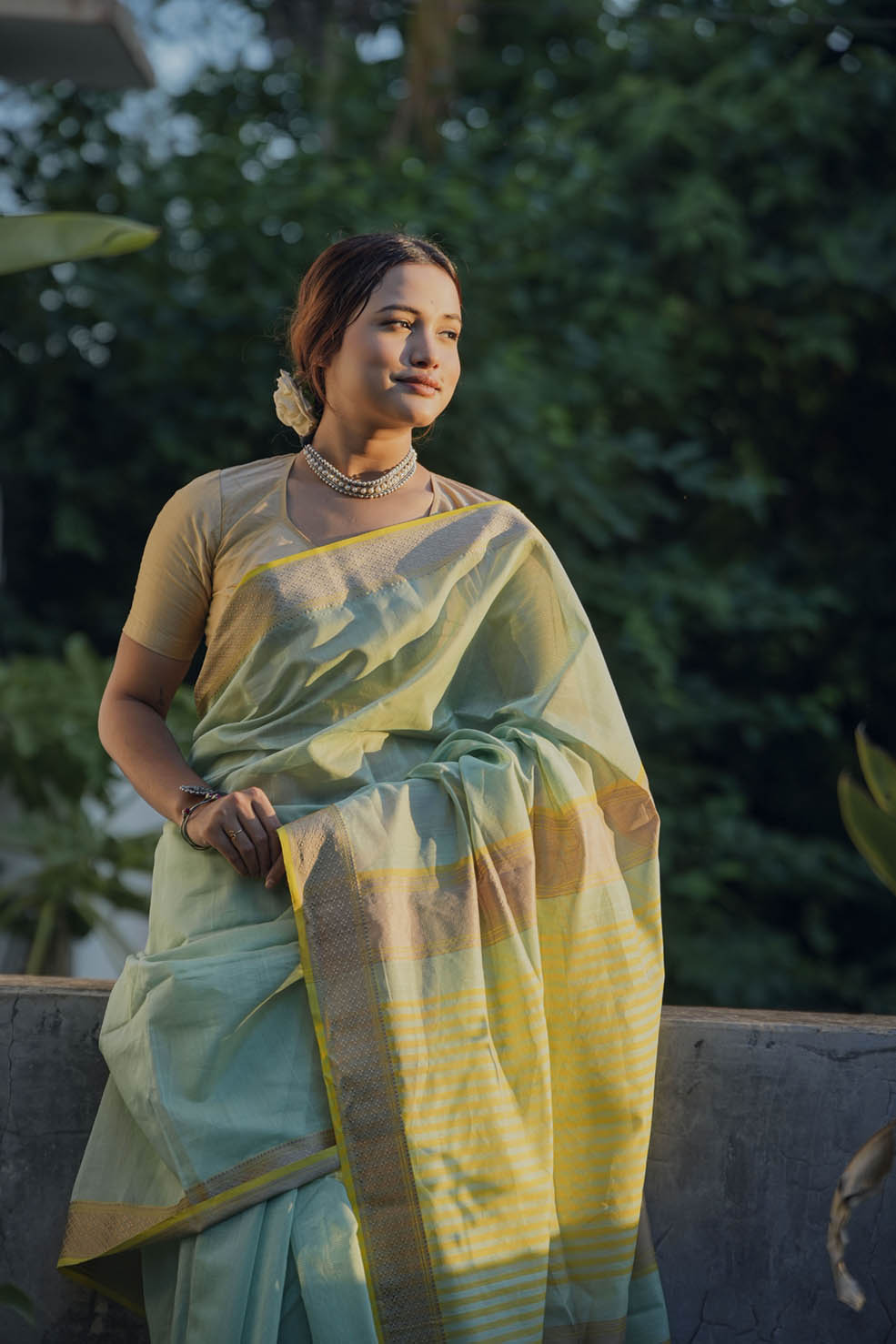 Yellow-Green Maheshwari Cotton-Silk Handwoven Saree