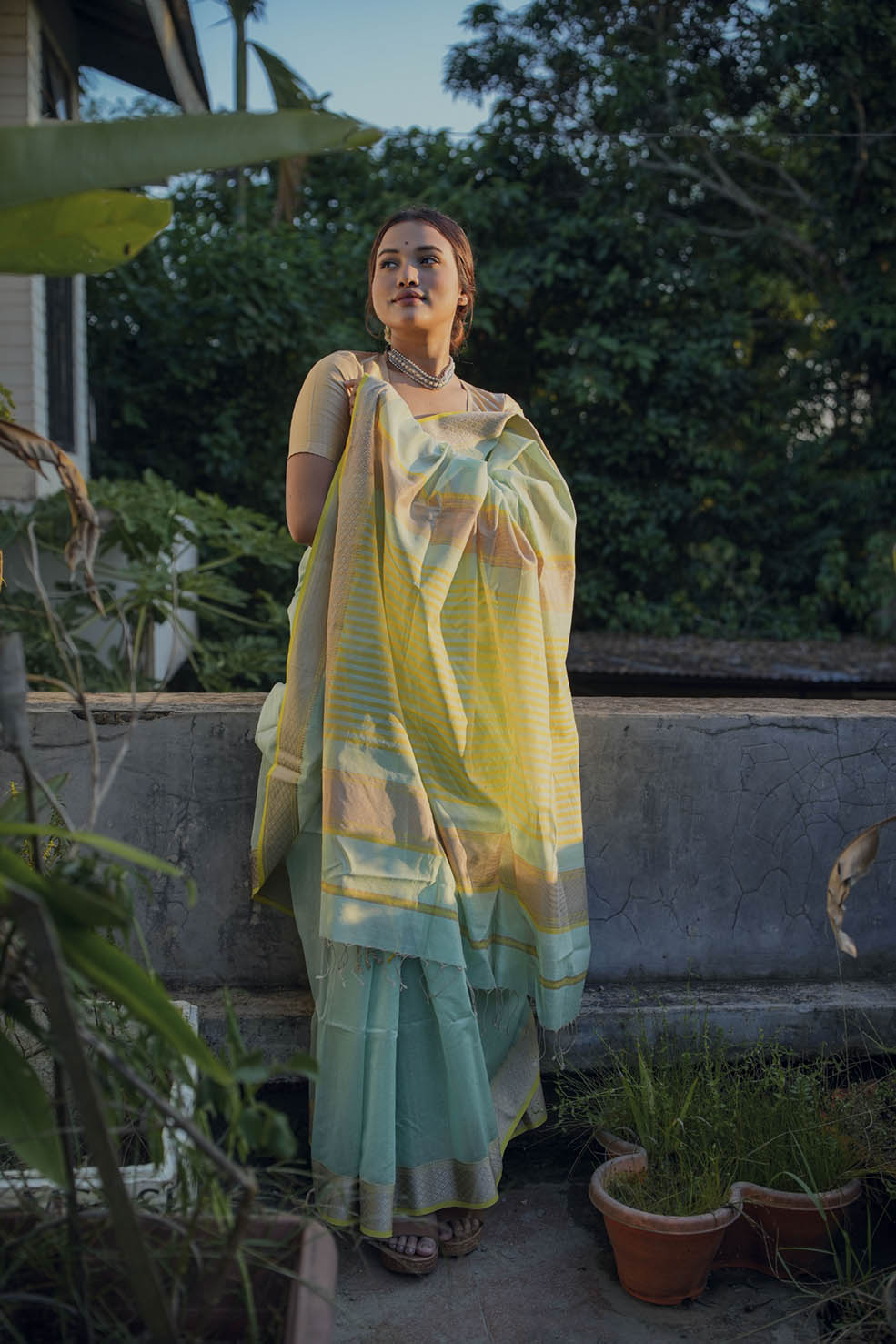 Yellow-Green Maheshwari Cotton-Silk Handwoven Saree