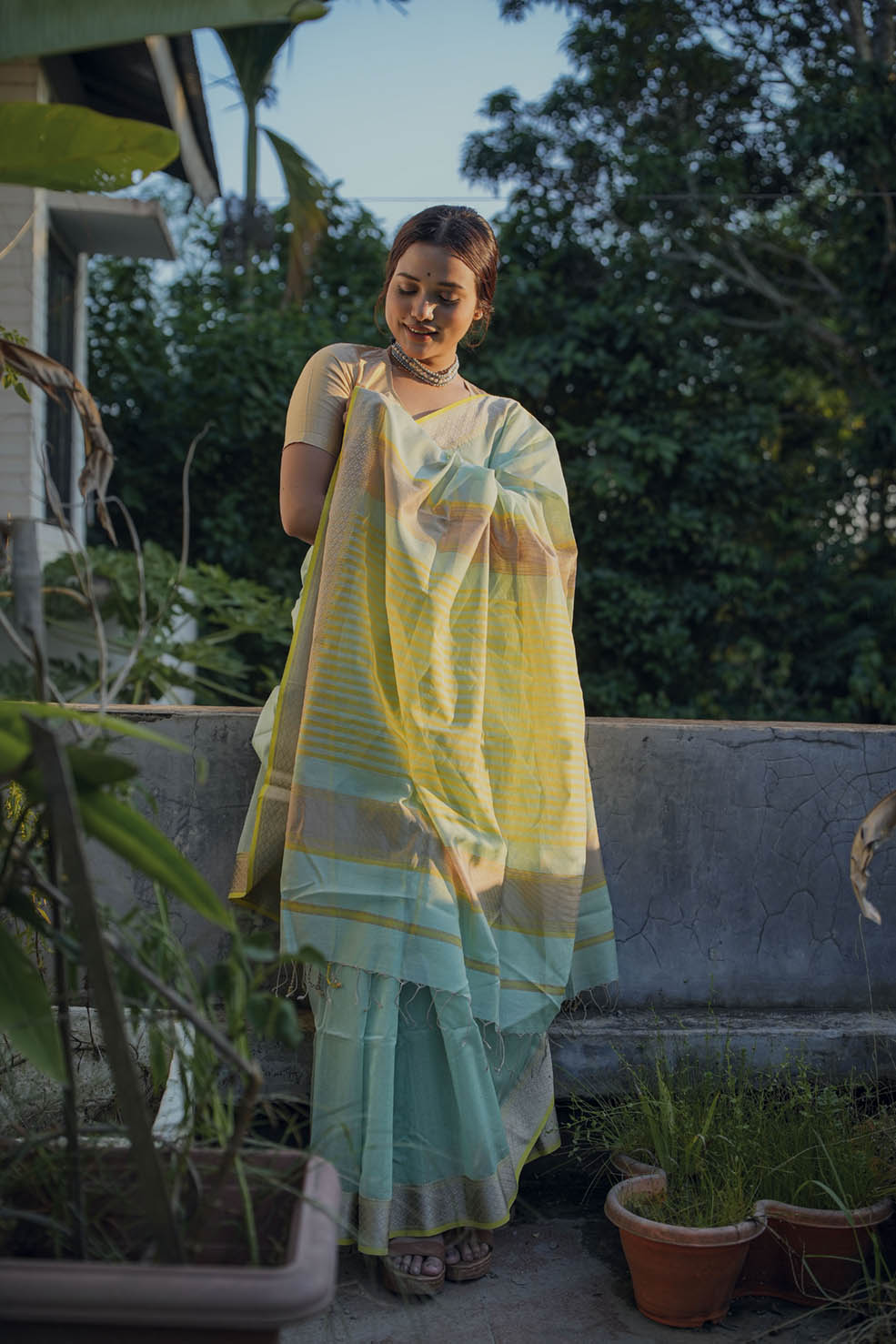 Yellow-Green Maheshwari Cotton-Silk Handwoven Saree