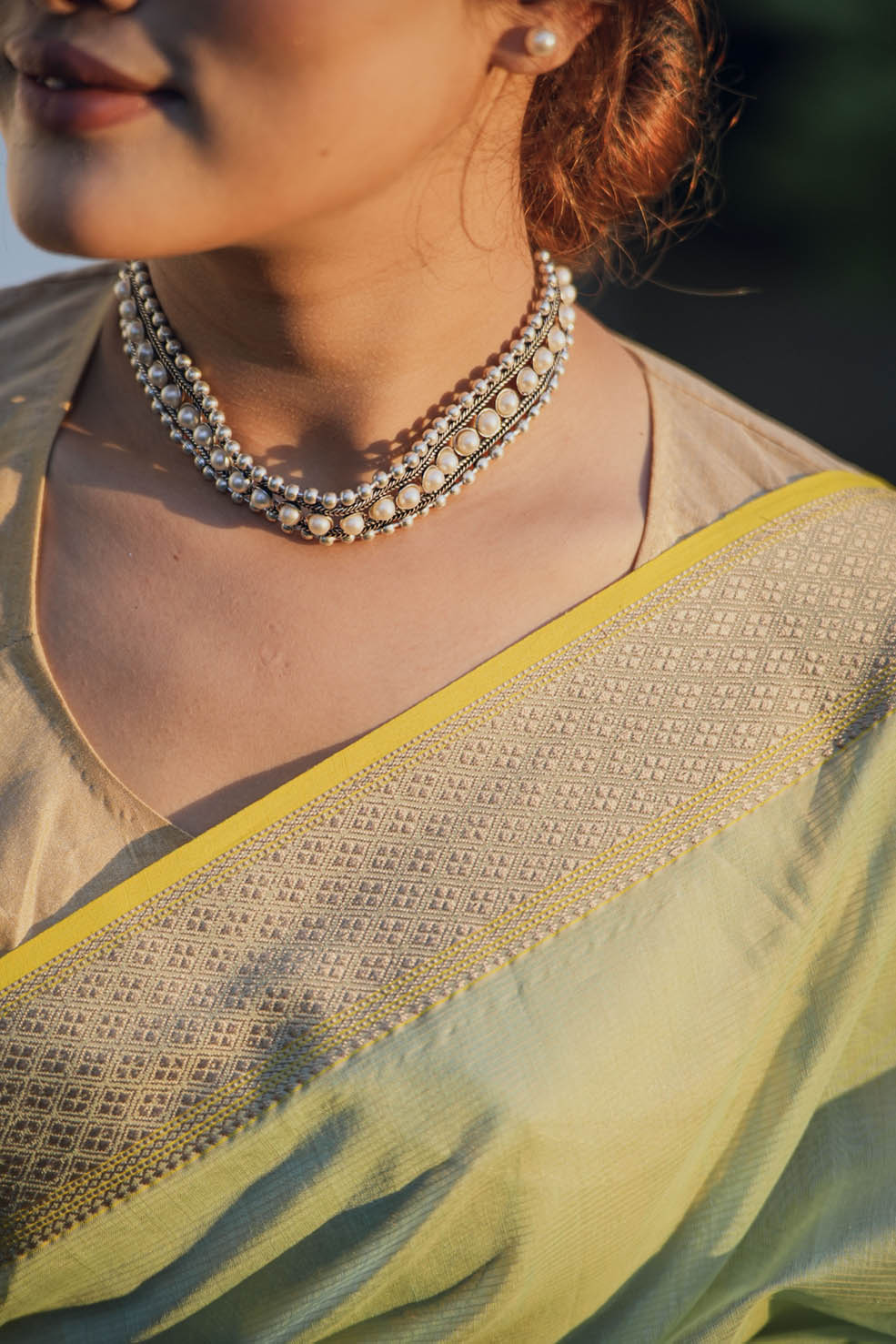 Yellow-Green Maheshwari Cotton-Silk Handwoven Saree