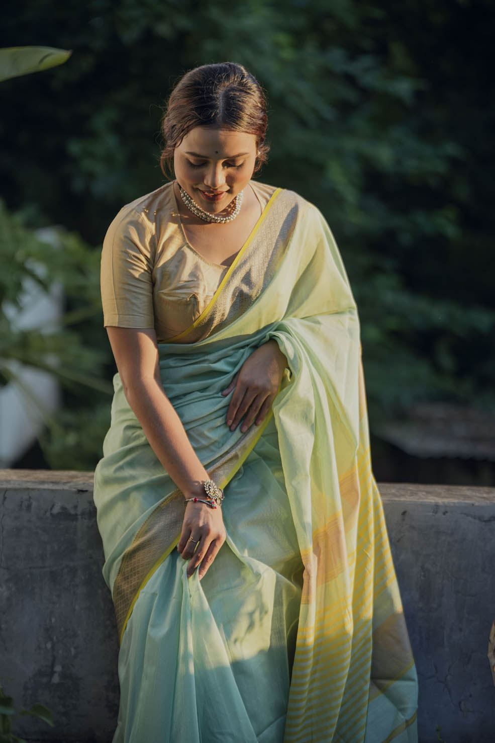 Yellow-Green Maheshwari Cotton-Silk Handwoven Saree