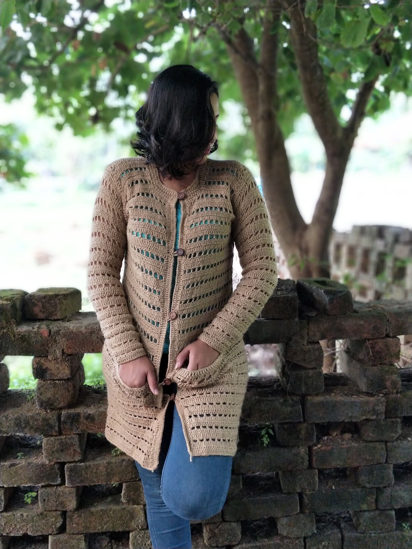 Hand Knitted Woollen Buttoned Sweater-Beige