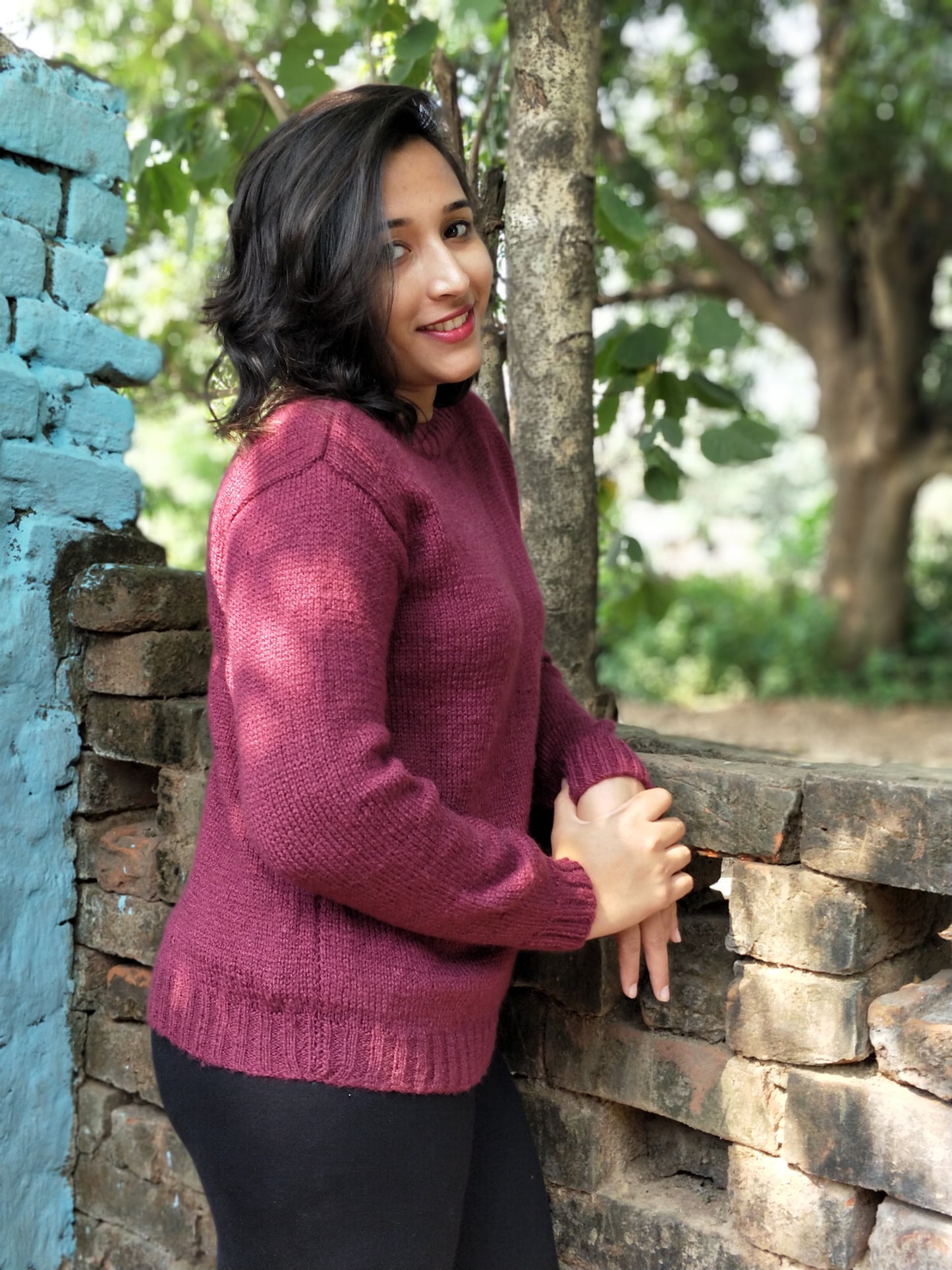 Hand Knitted Woollen Button Mehroon Sweater