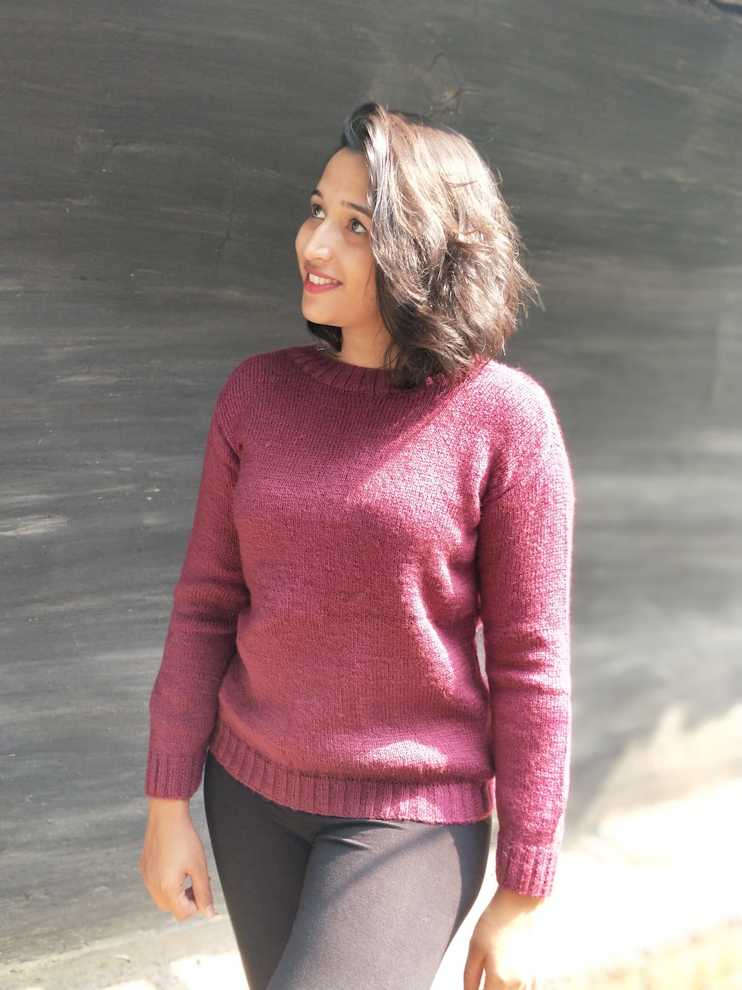 Hand Knitted Woollen Button Mehroon Sweater