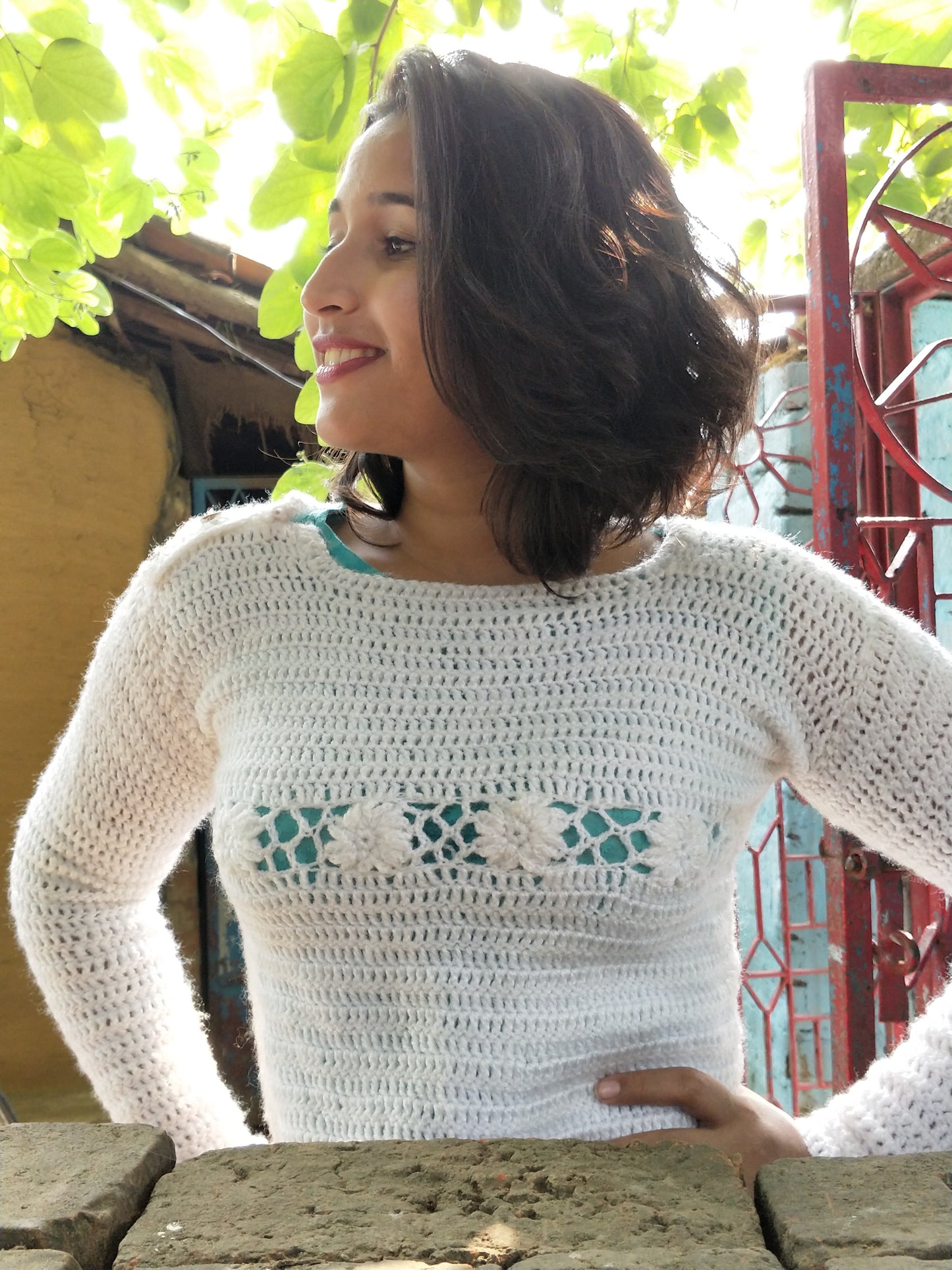 Hand Knitted Woollen Flower Sweater