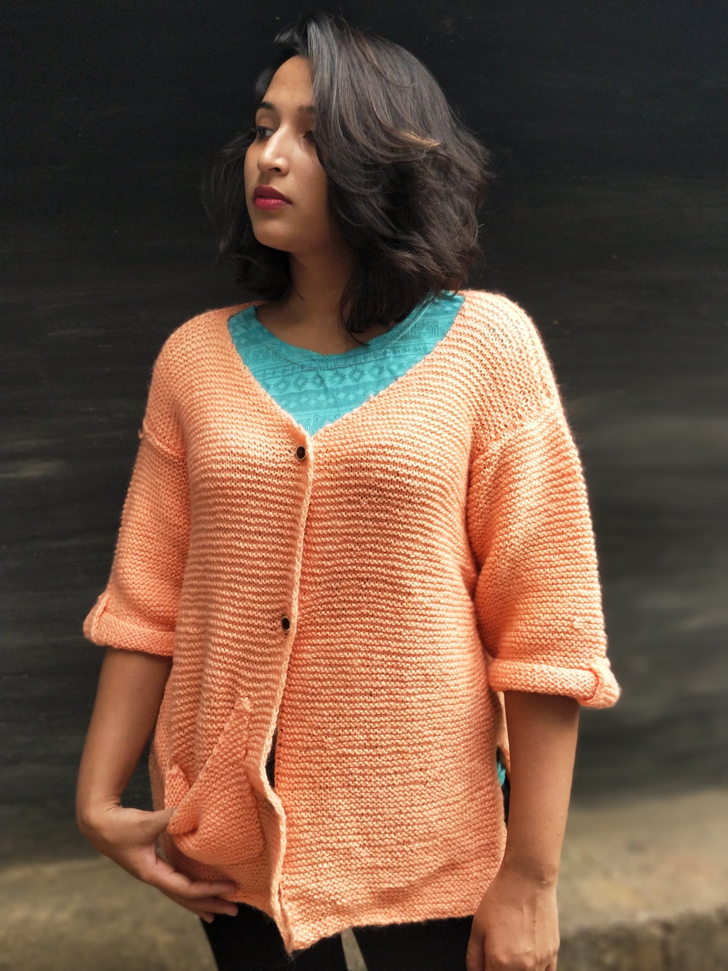 Hand Knitted Woollen Buttoned V-Neck Sweater