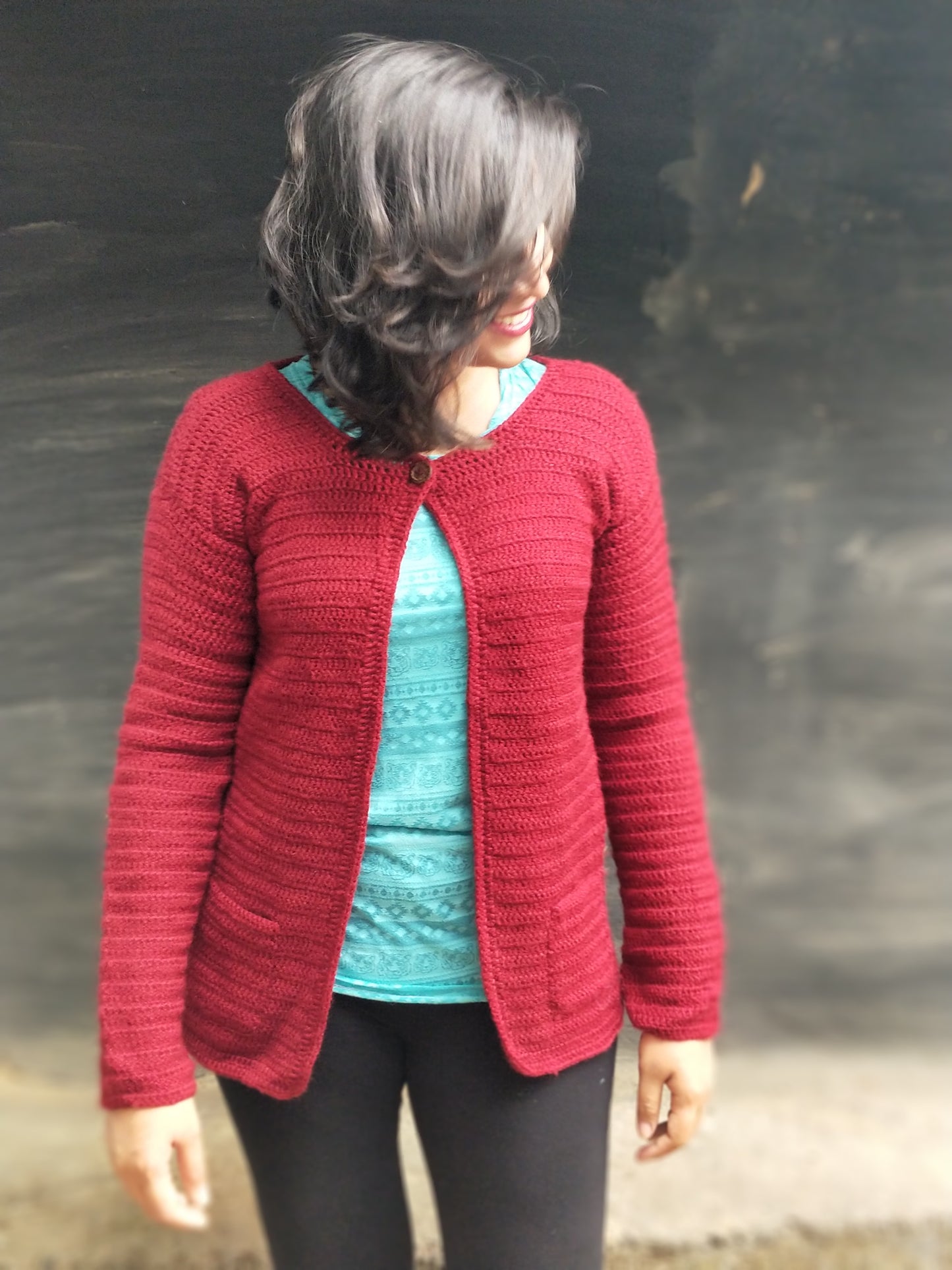 Hand Knitted Woollen Cardigan- Red