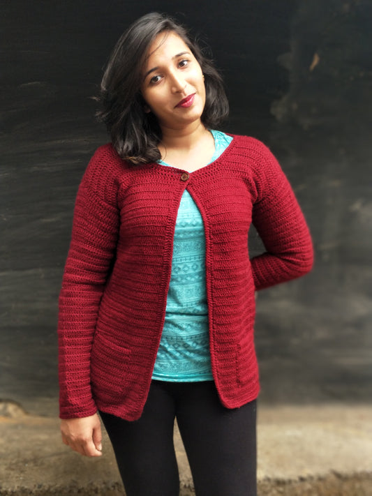 Hand Knitted Woollen Cardigan- Red