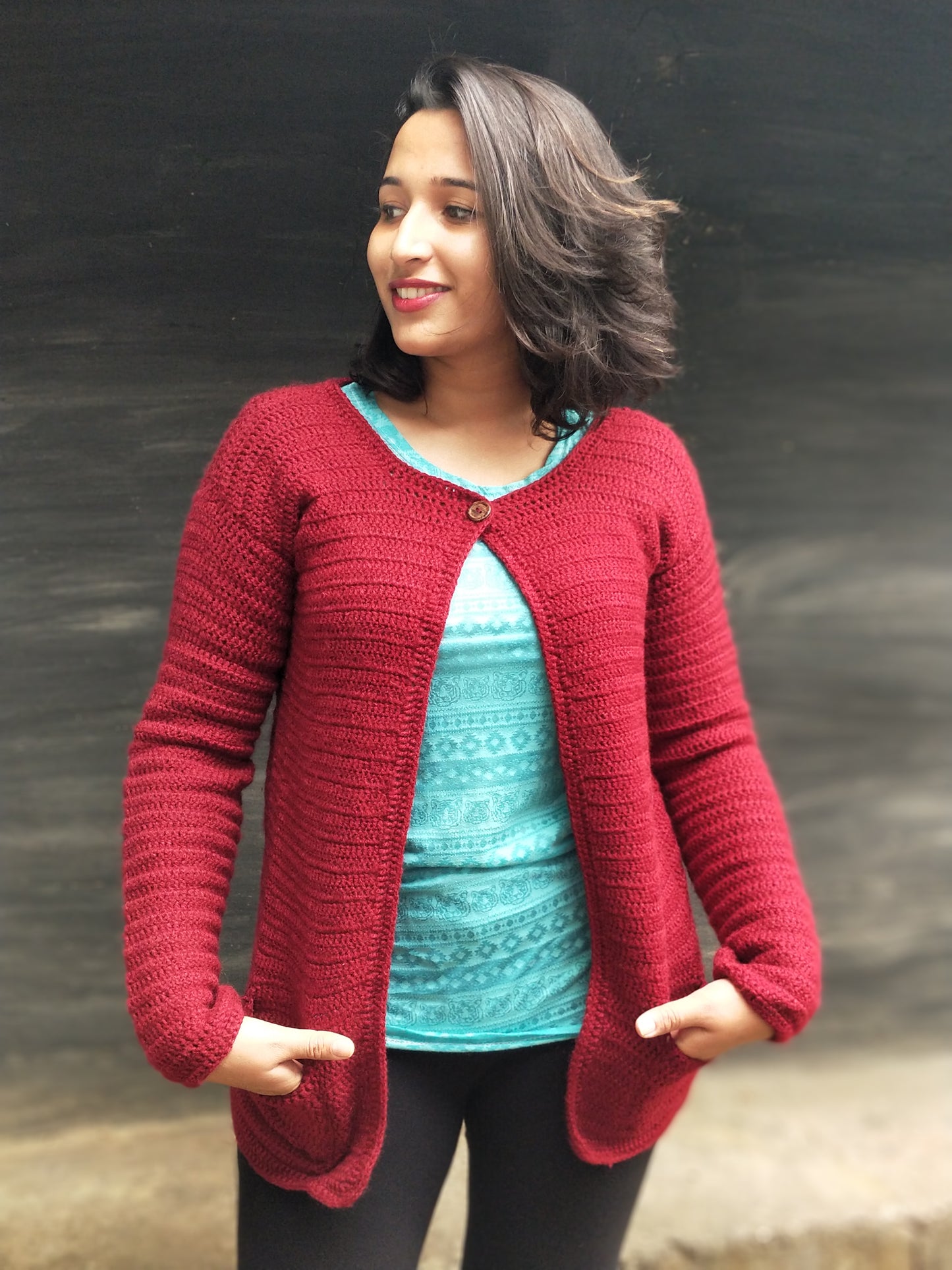 Hand Knitted Woollen Cardigan- Red