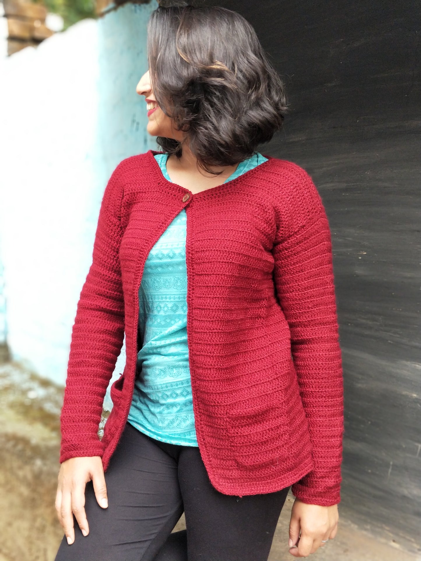 Hand Knitted Woollen Cardigan- Red