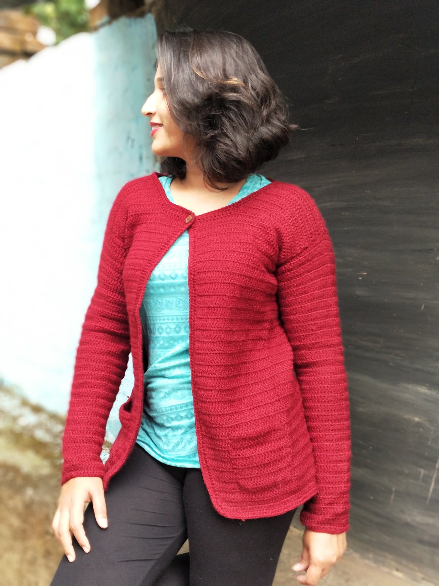 Hand Knitted Woollen Cardigan- Red