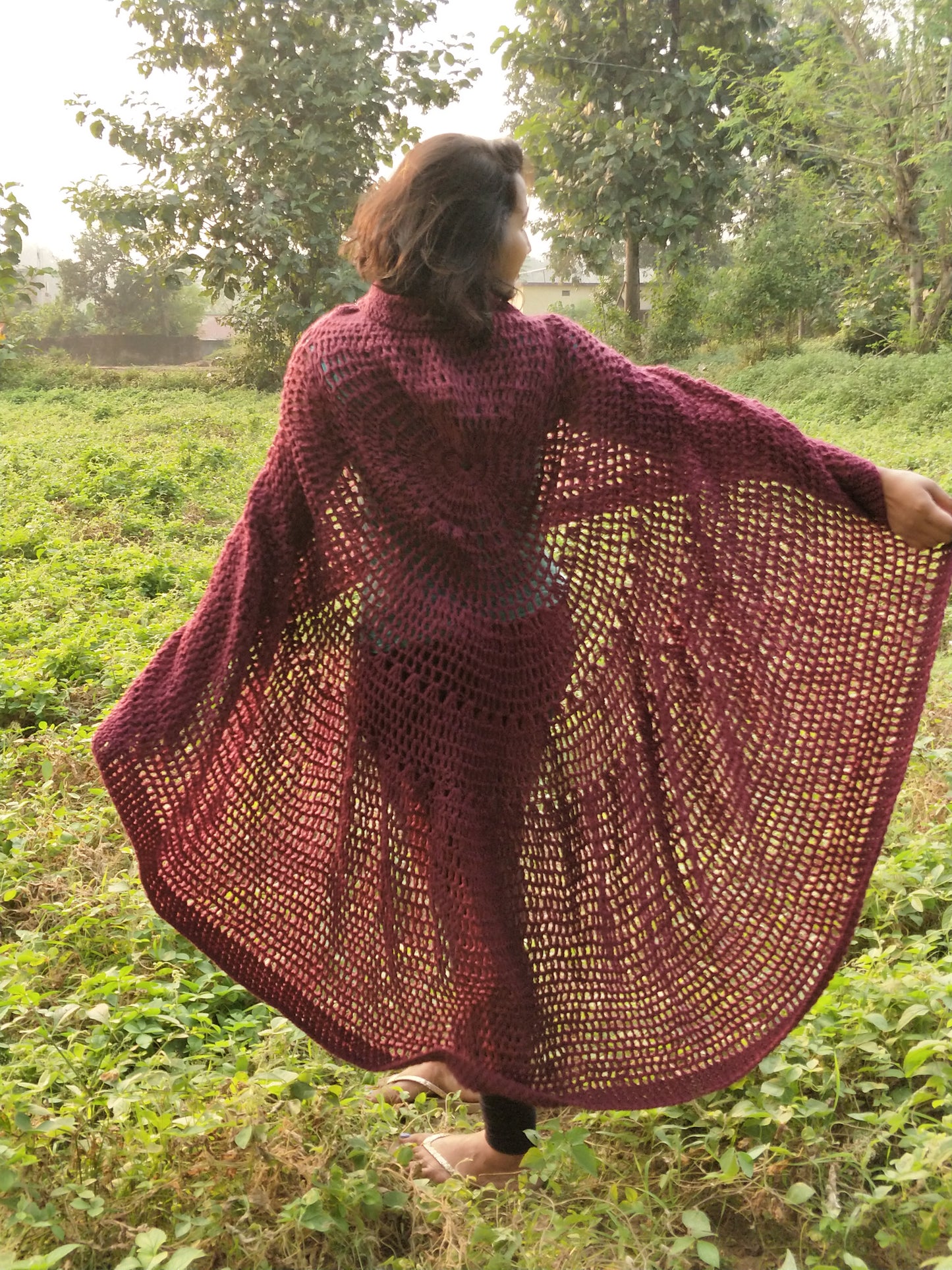 Hand Knitted Woollen Poncho- Mehroon