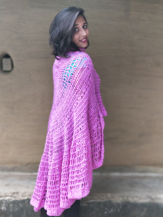 Hand Knitted Woollen Poncho- Magenta