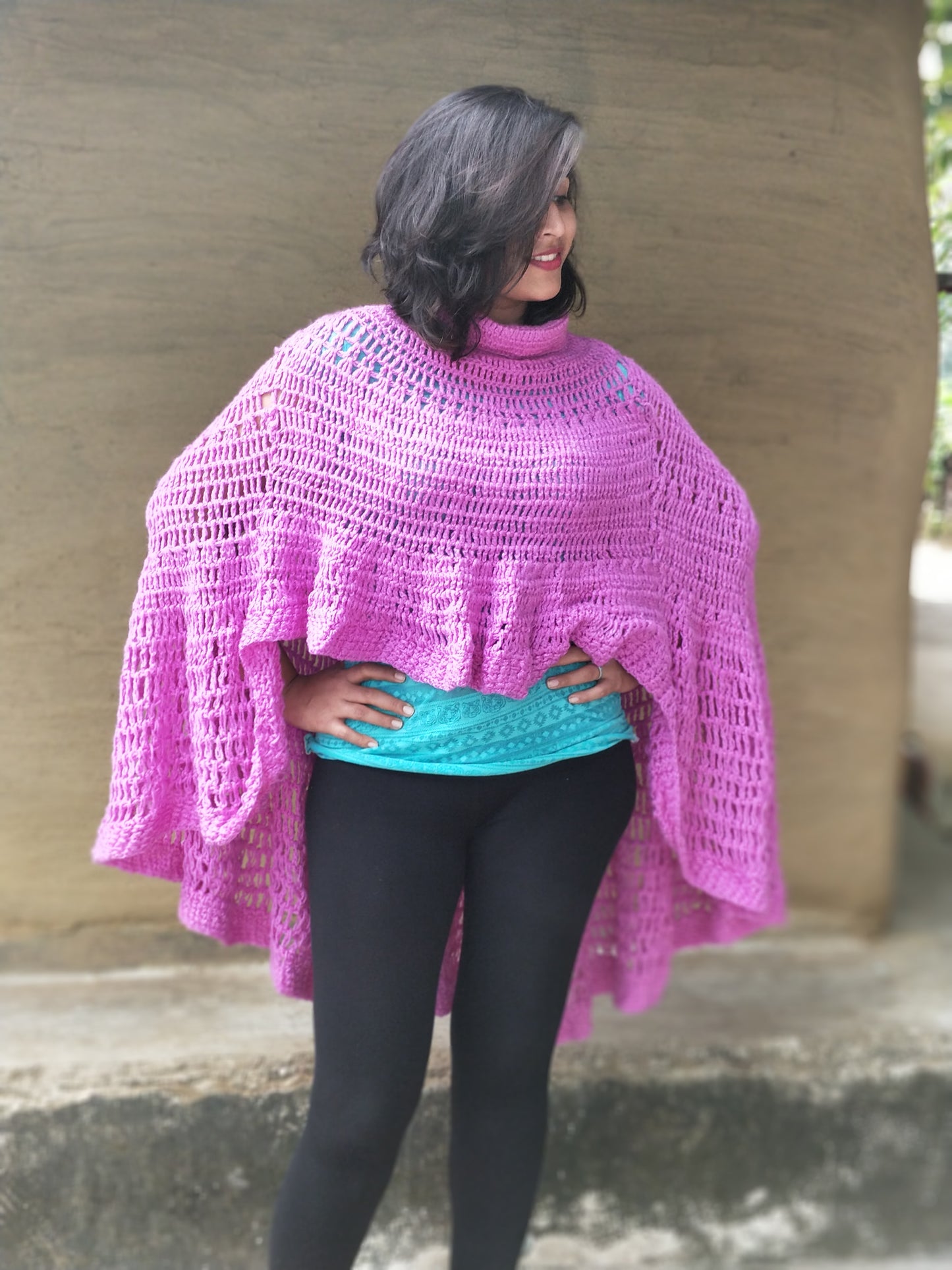 Hand Knitted Woollen Poncho- Magenta