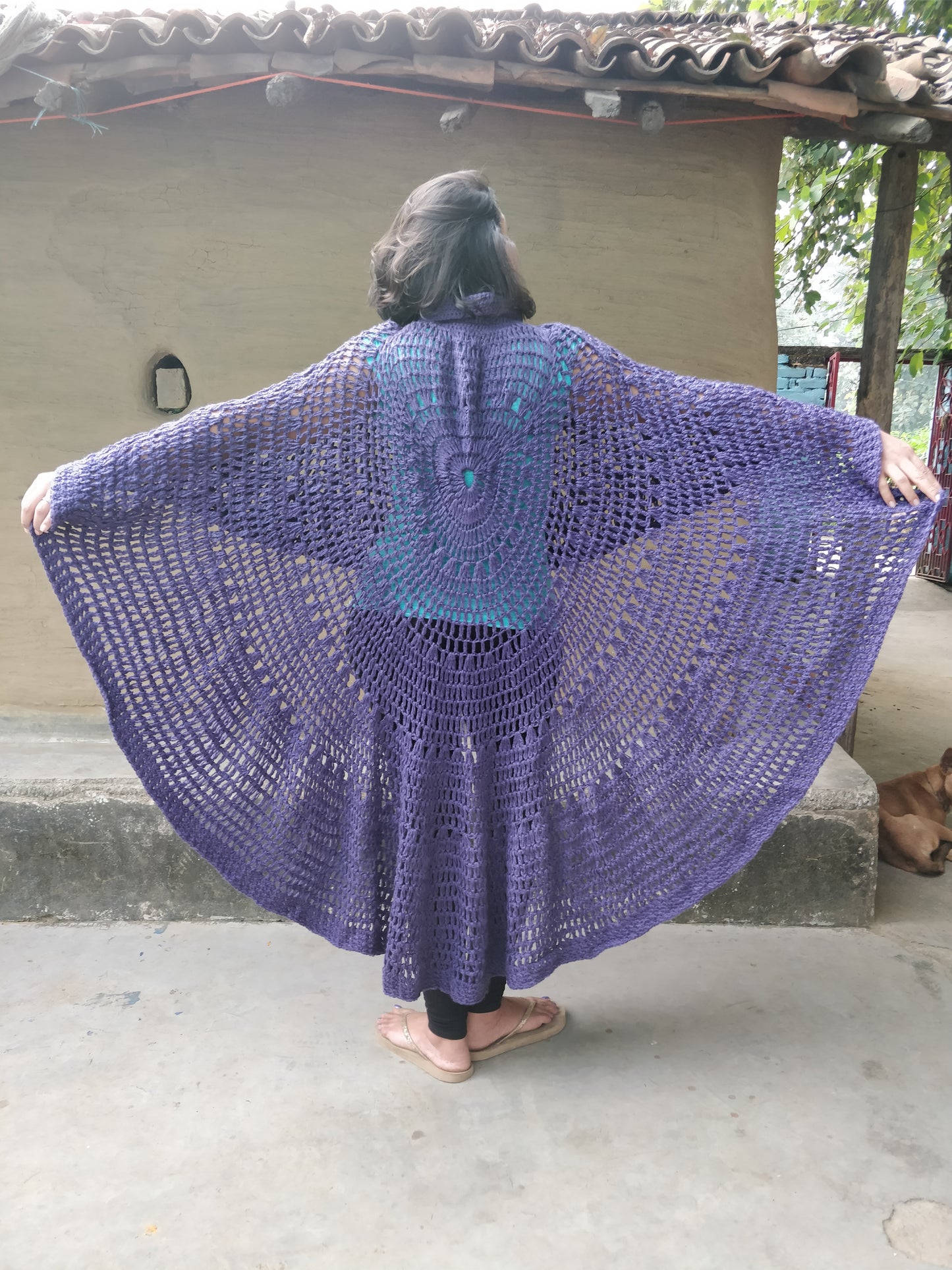 Hand Knitted Woollen Poncho- Violet