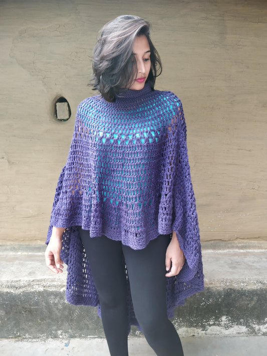 Hand Knitted Woollen Poncho- Violet