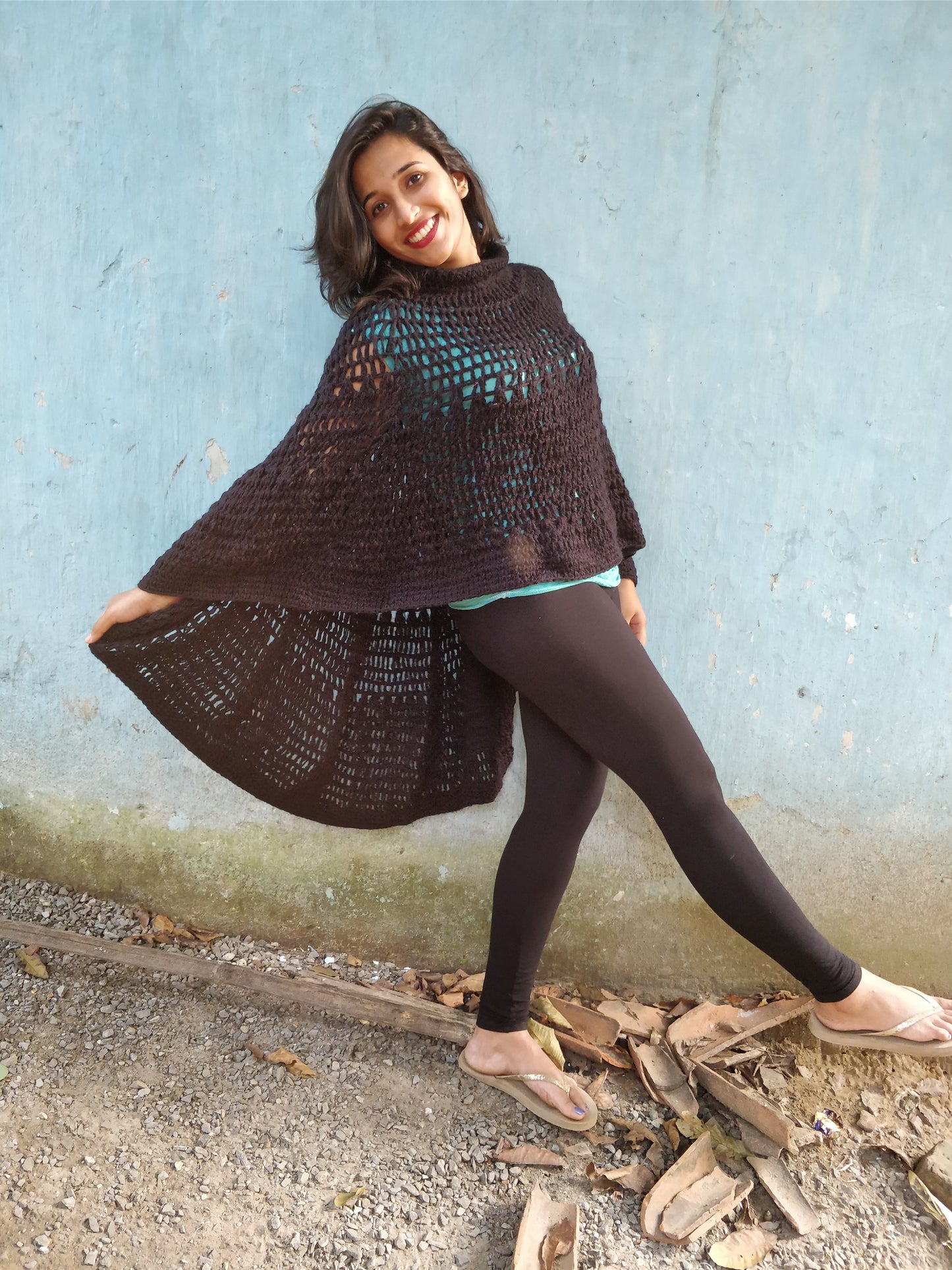 Hand Knitted Woollen Poncho- Black