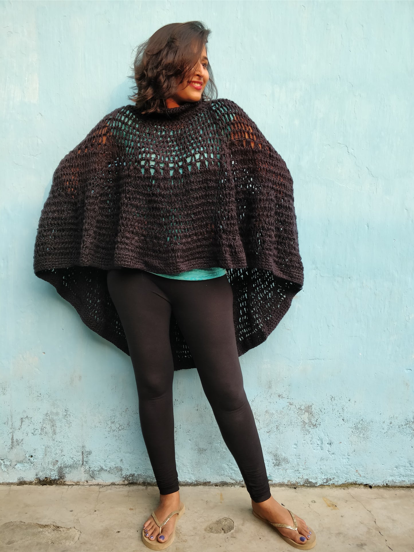 Hand Knitted Woollen Poncho- Black