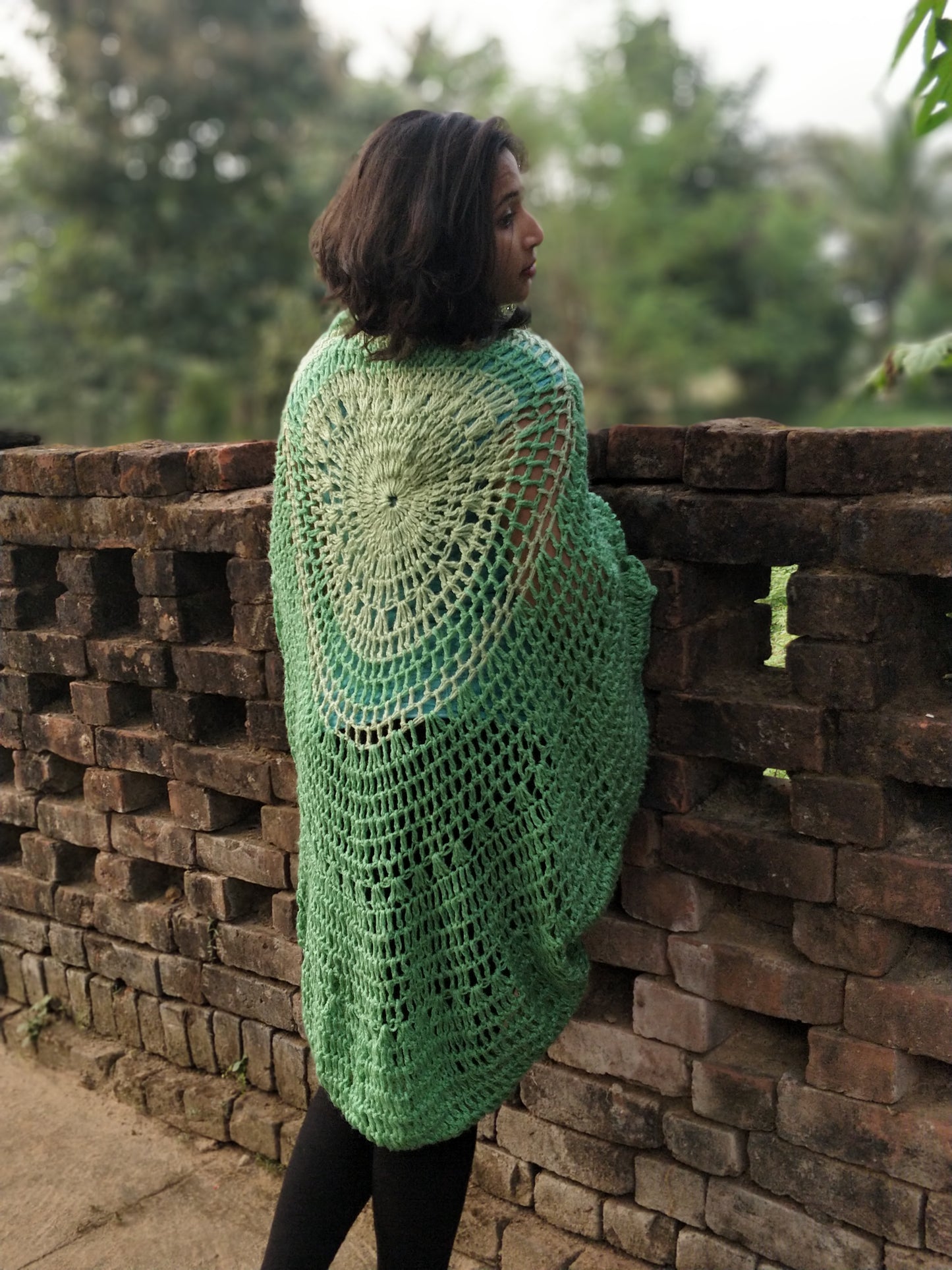 Hand Knitted Woollen Poncho- Aqua