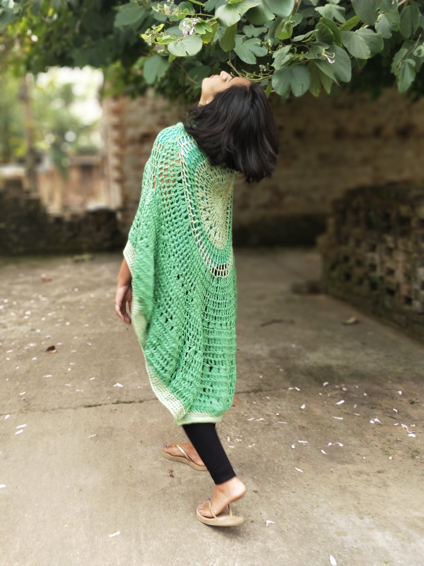 Hand Knitted Woollen Poncho- Aqua