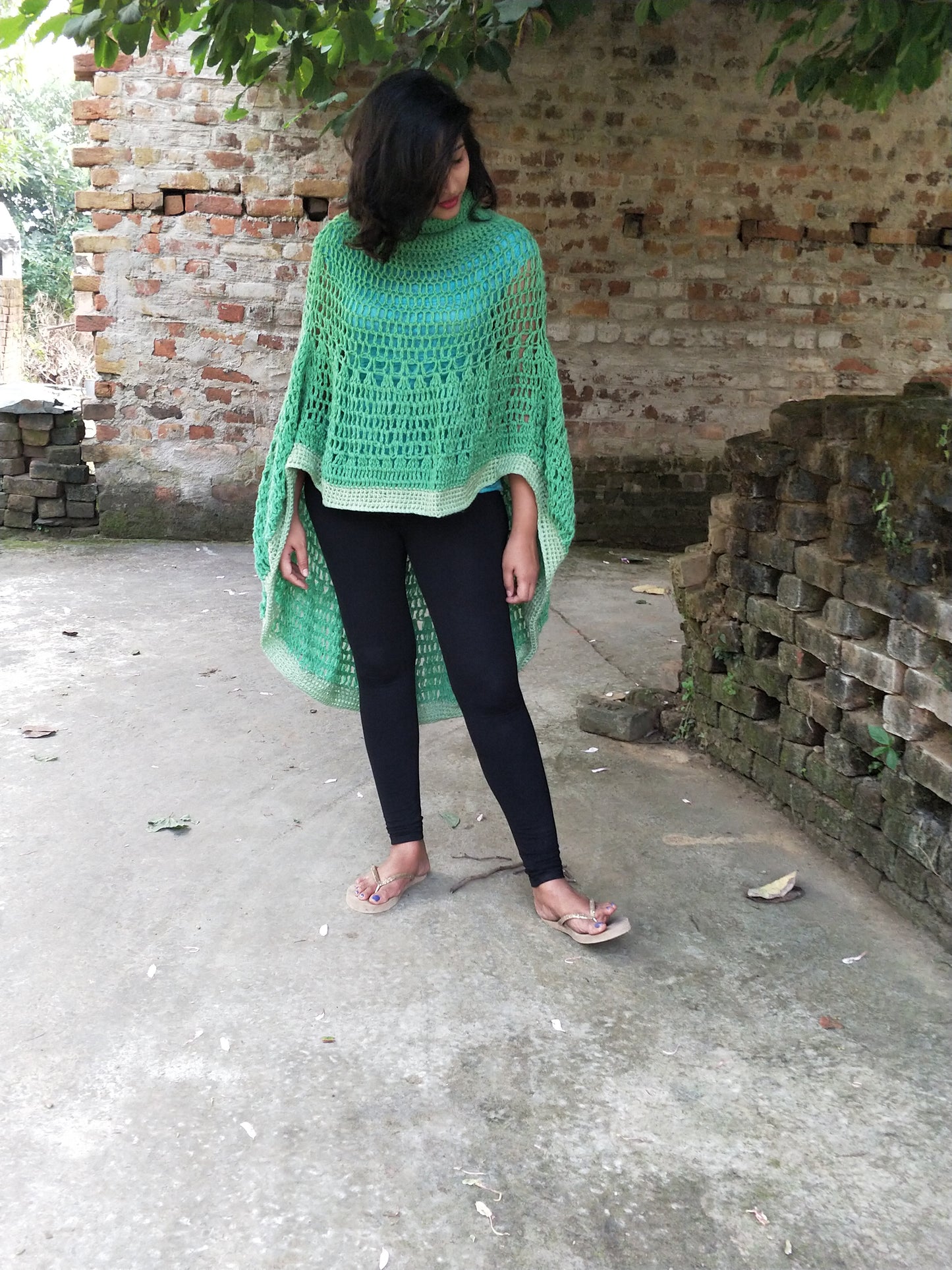 Hand Knitted Woollen Poncho- Aqua