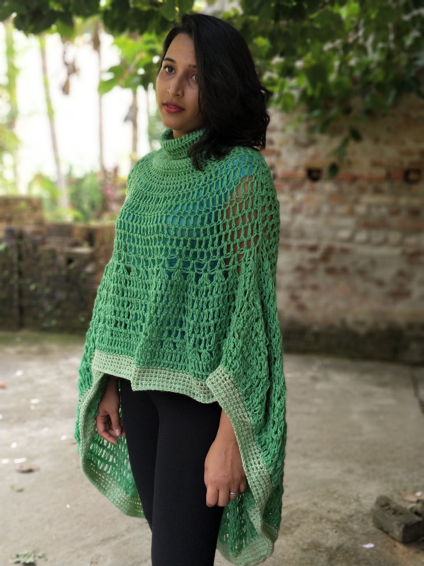 Hand Knitted Woollen Poncho- Aqua