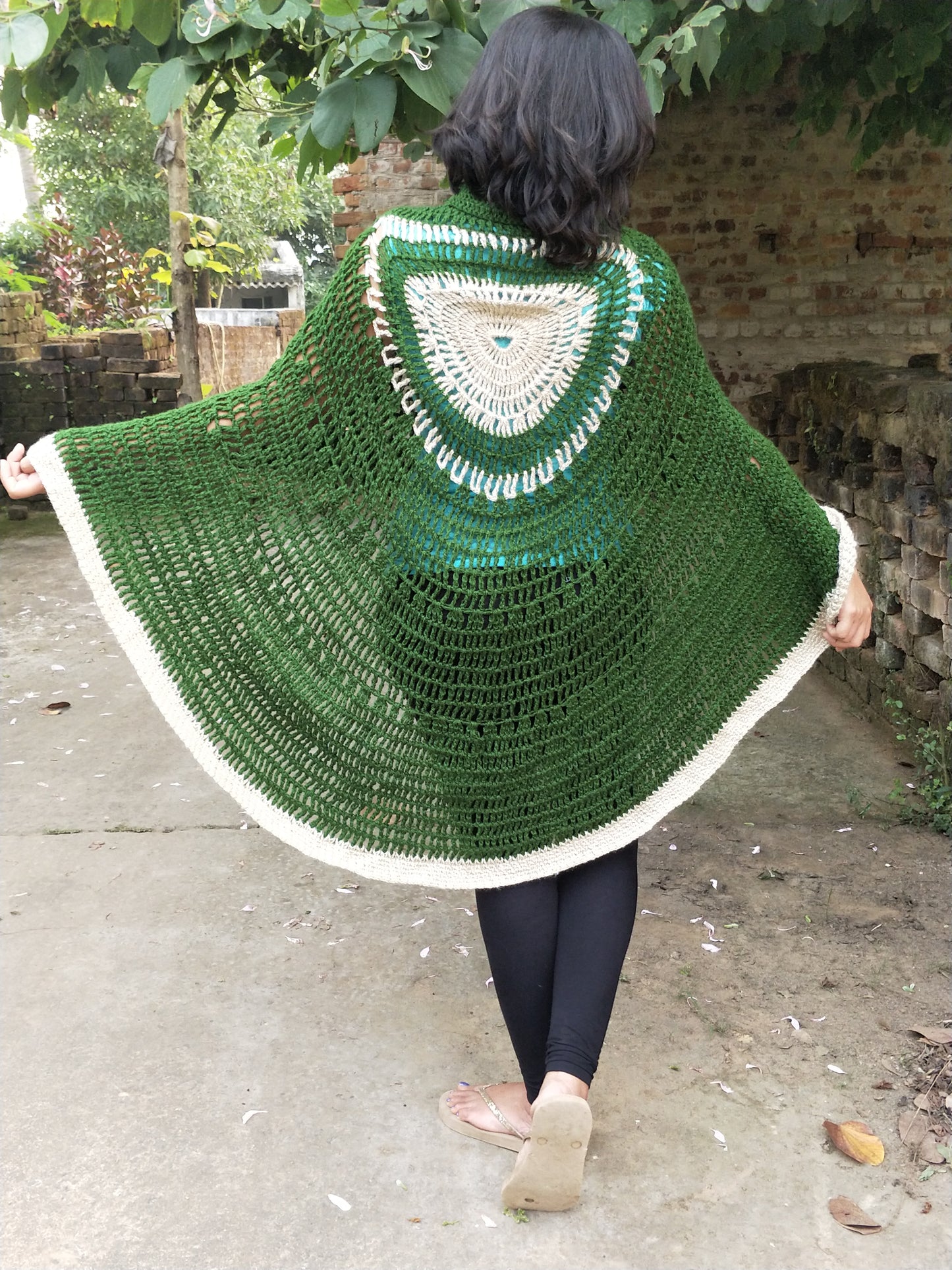 Hand Knitted Woollen Poncho- Green & White Border