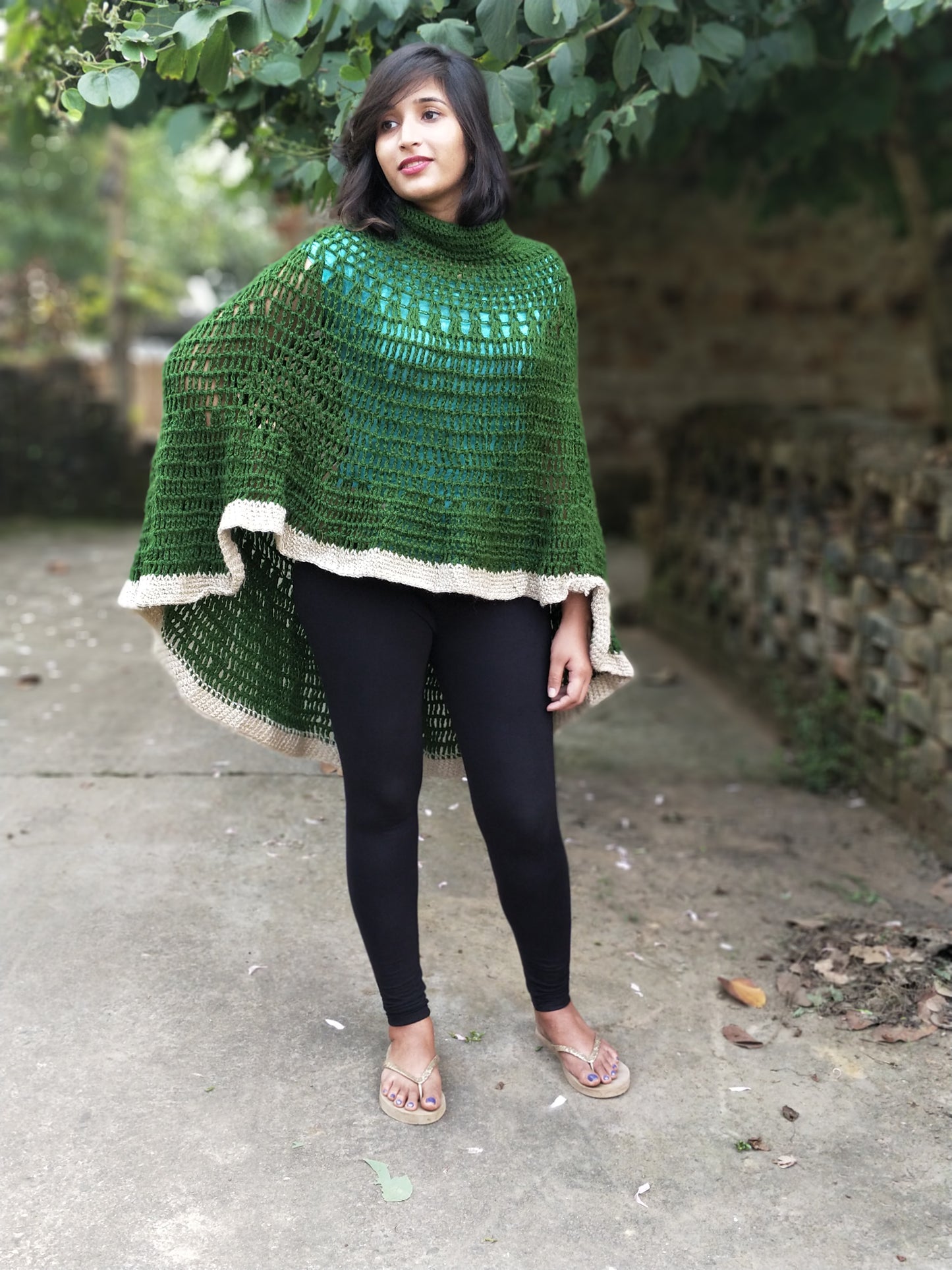 Hand Knitted Woollen Poncho- Green & White Border