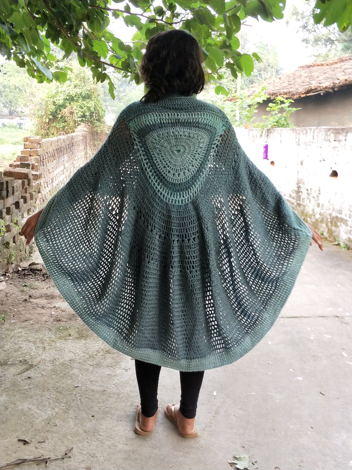 Hand Knitted Woollen Poncho- Blue