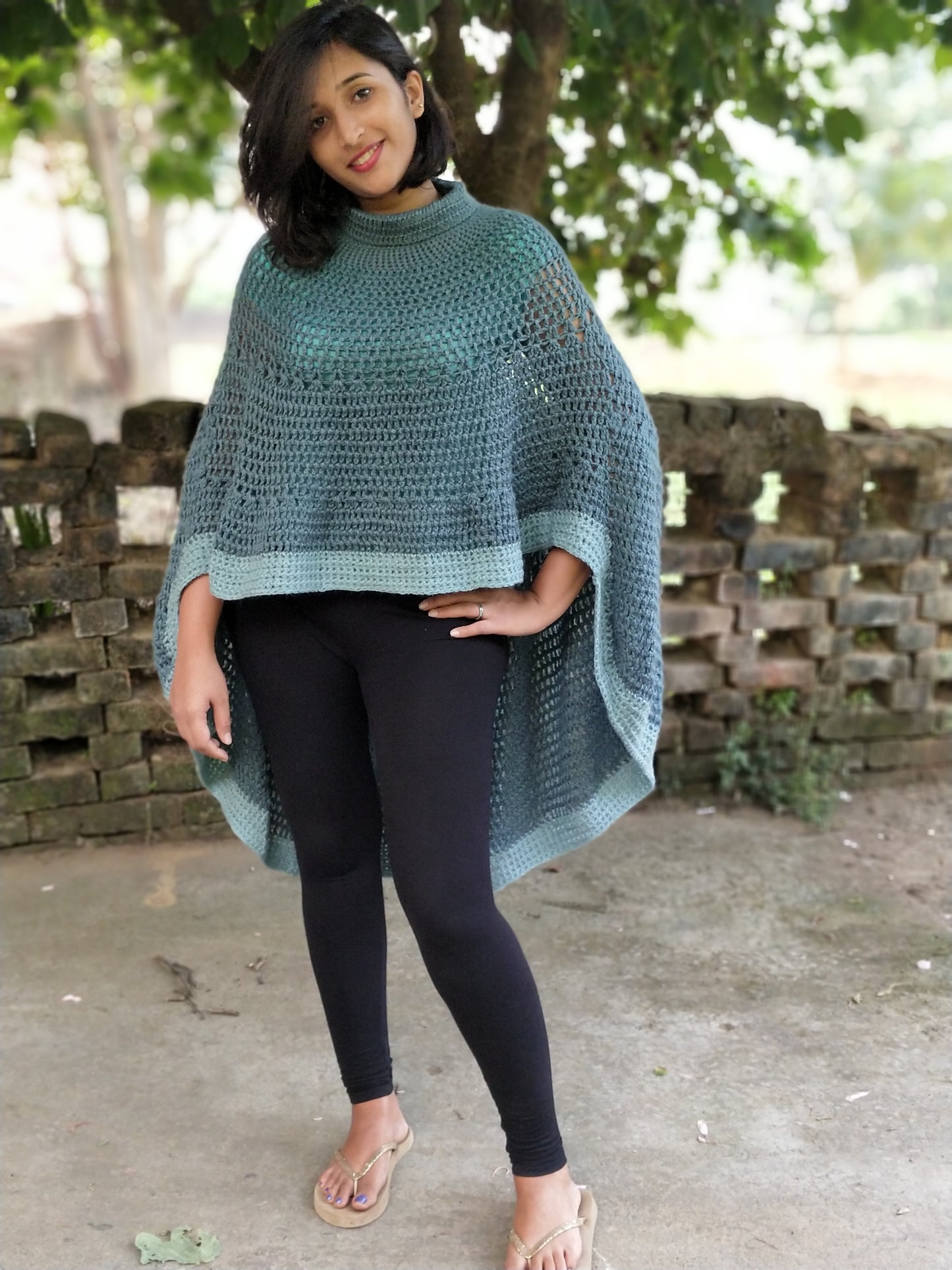 Hand Knitted Woollen Poncho- Blue