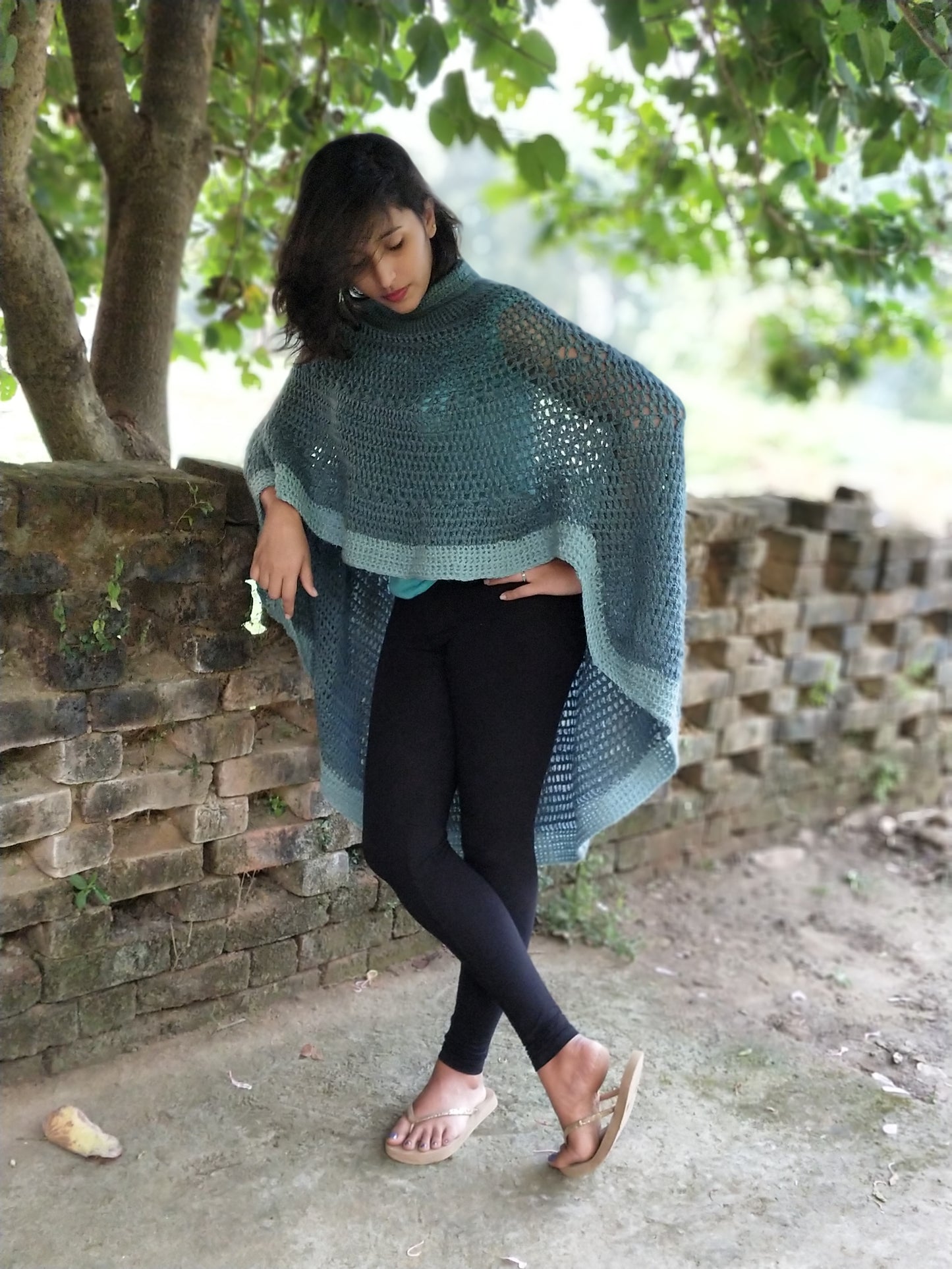 Hand Knitted Woollen Poncho- Blue