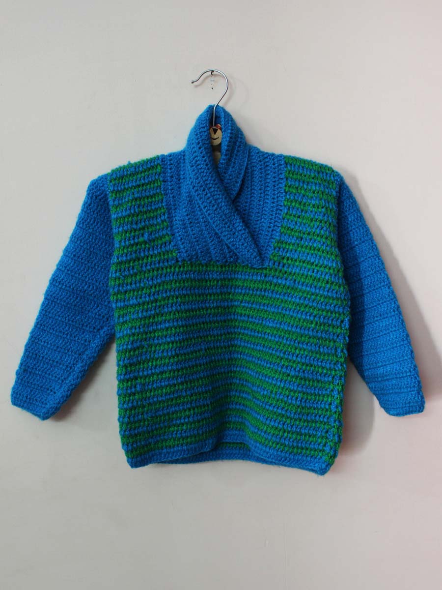 Hand Knitted Baby Woollen Sweater- Blue-Green