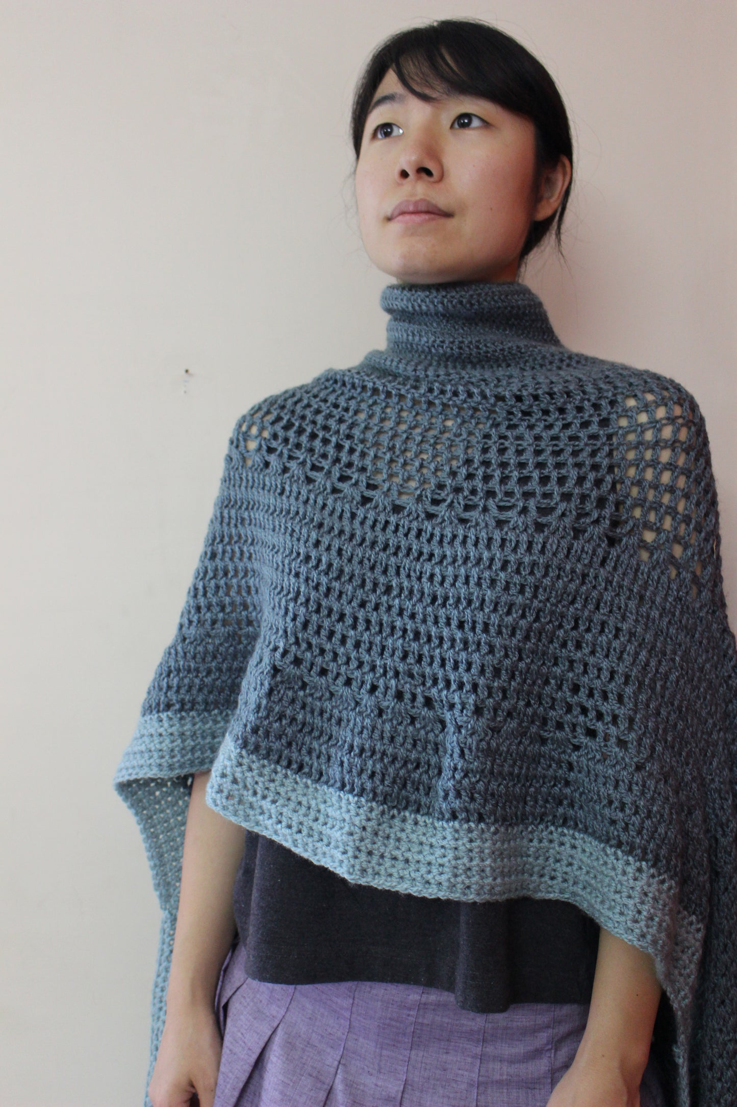 Hand Knitted Woollen Poncho- Blue