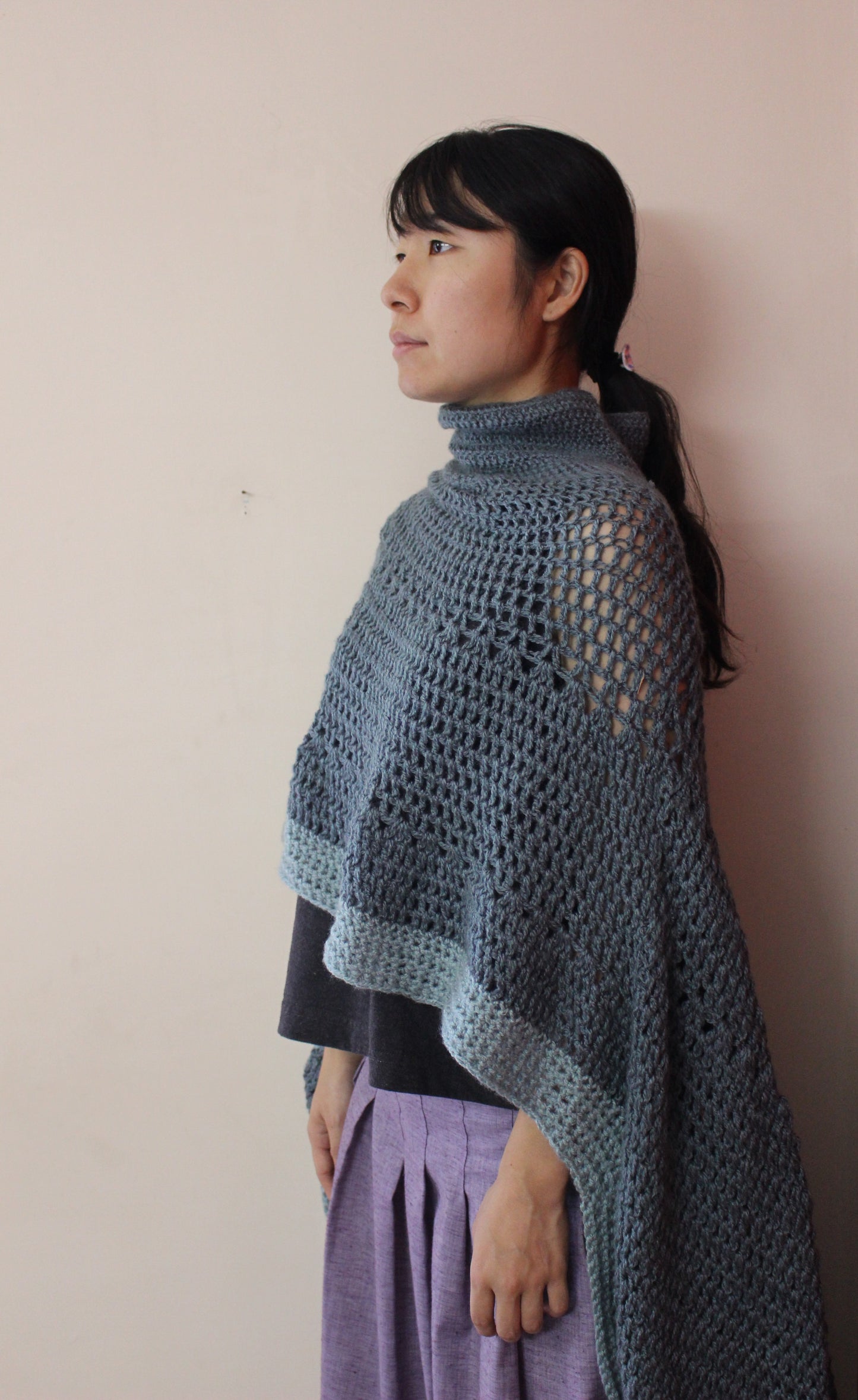 Hand Knitted Woollen Poncho- Blue