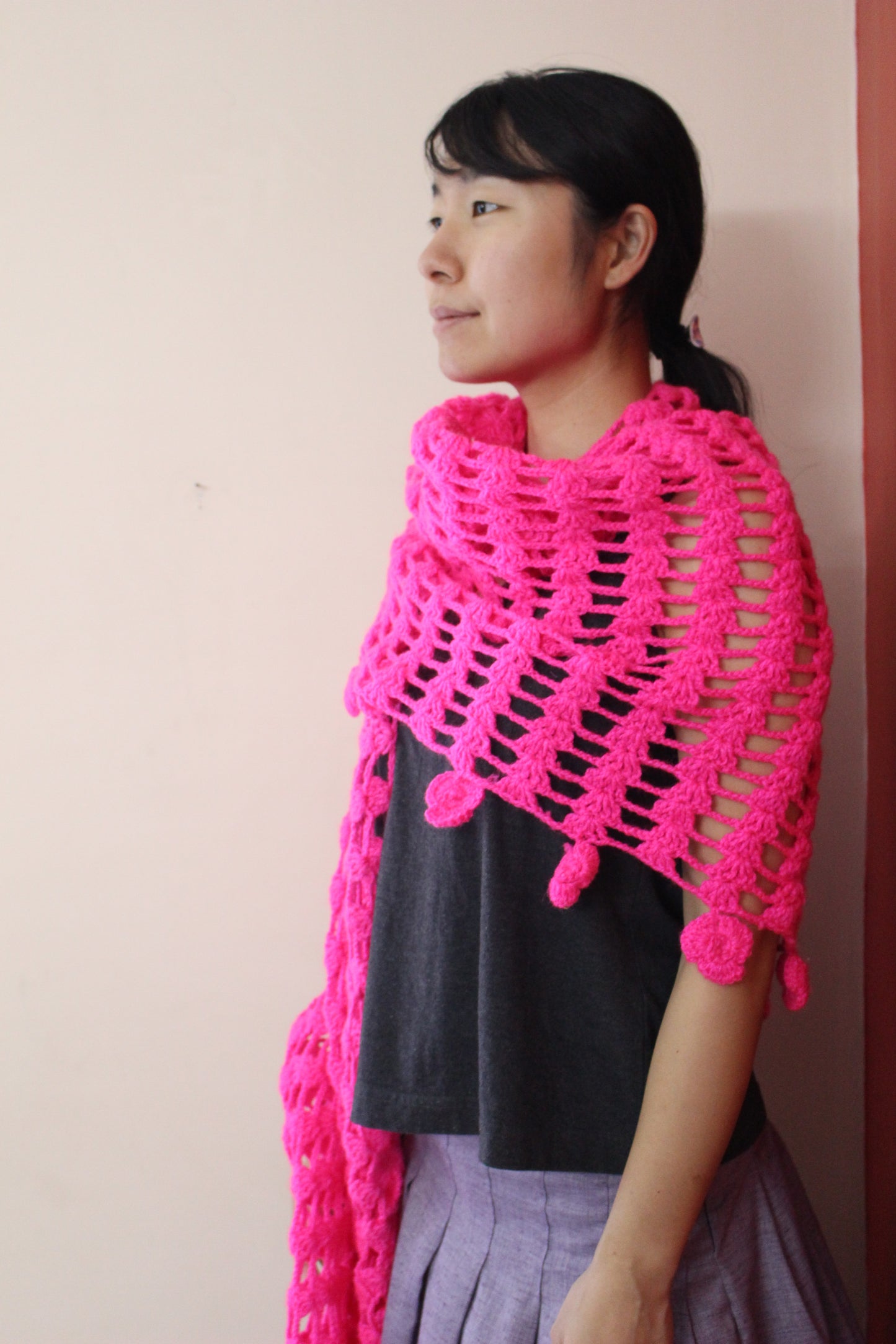 Hand Knitted Woollen Scarf- Pink