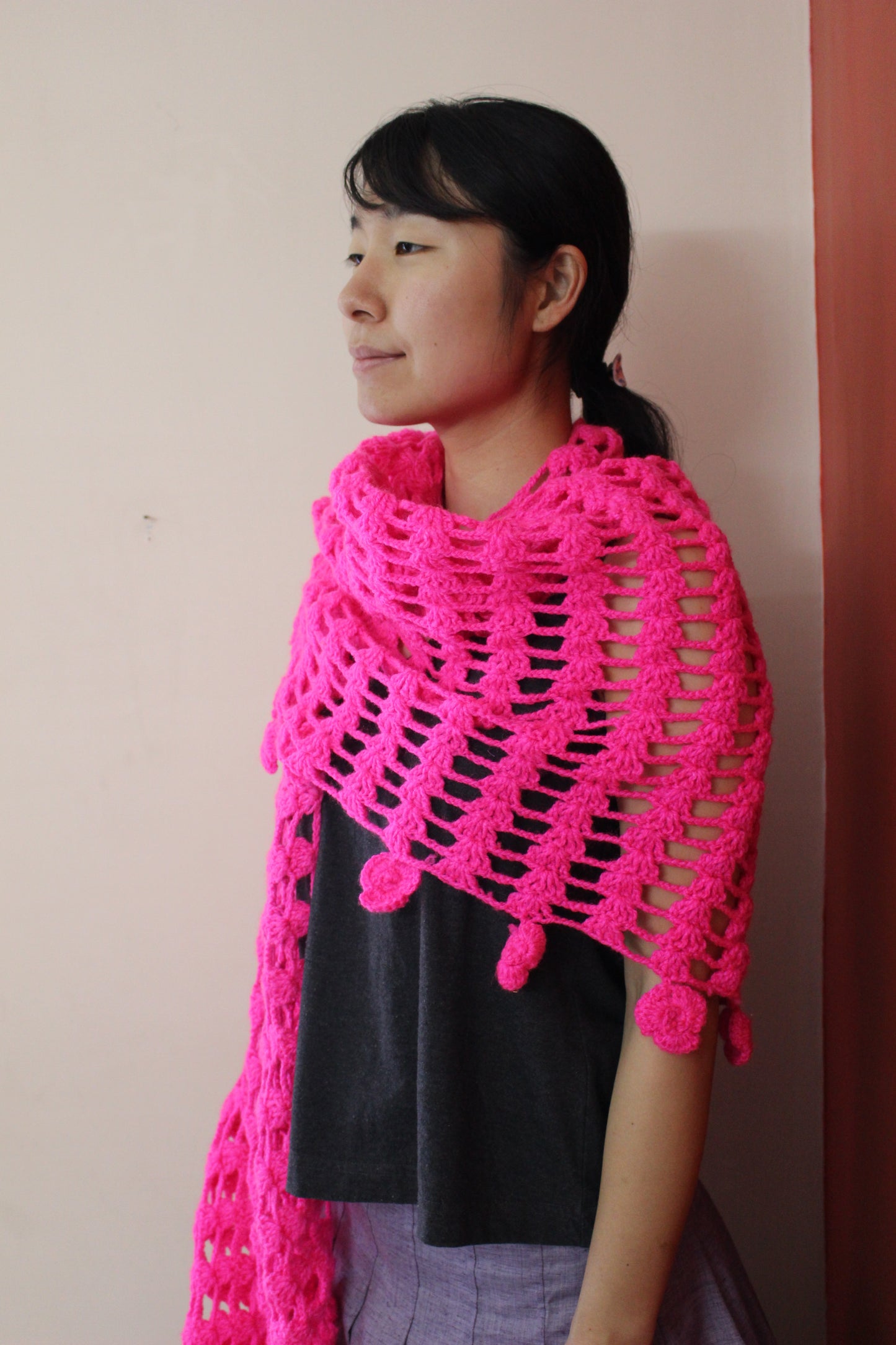 Hand Knitted Woollen Scarf- Pink