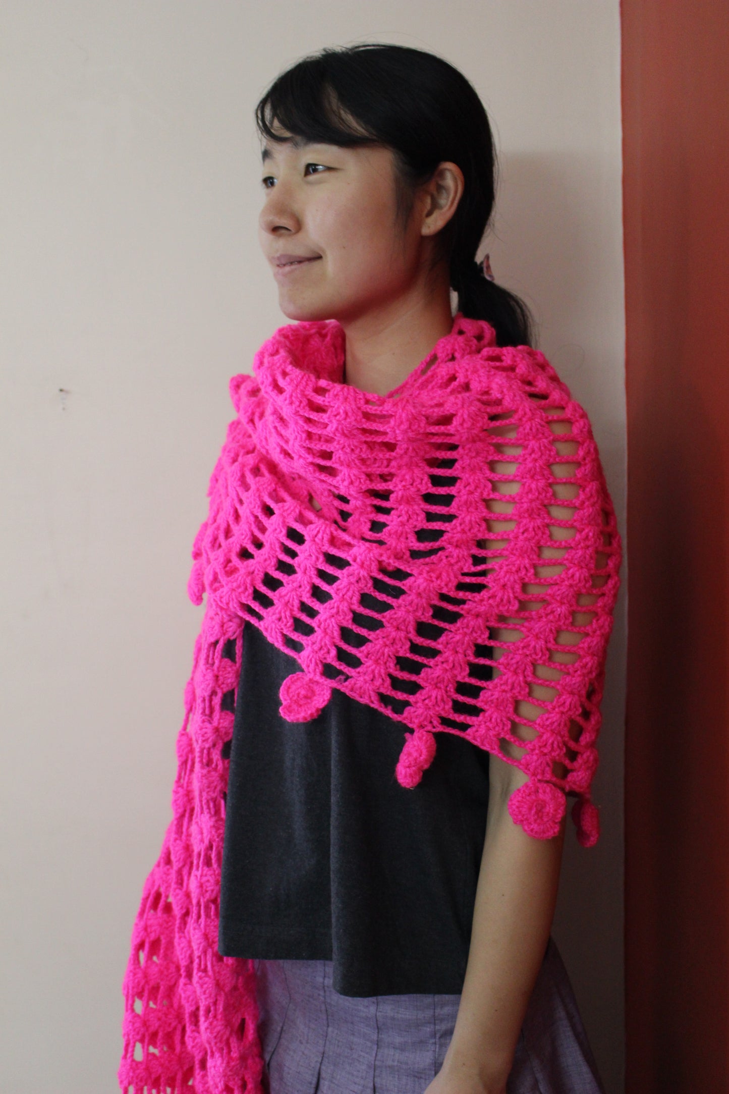 Hand Knitted Woollen Scarf- Pink