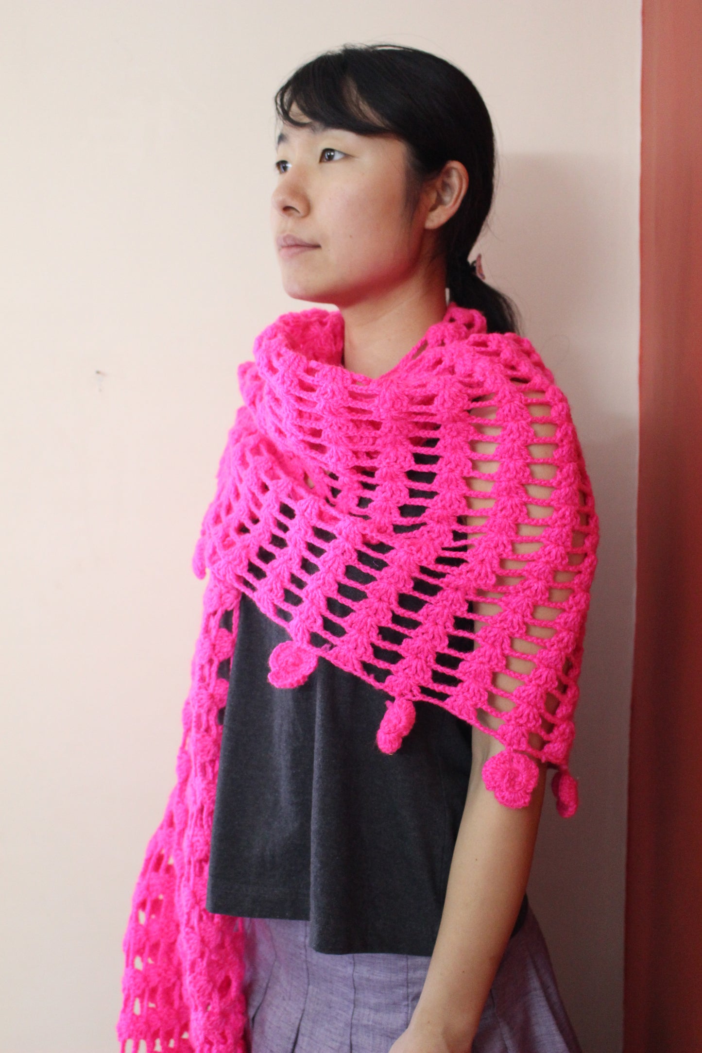 Hand Knitted Woollen Scarf- Pink