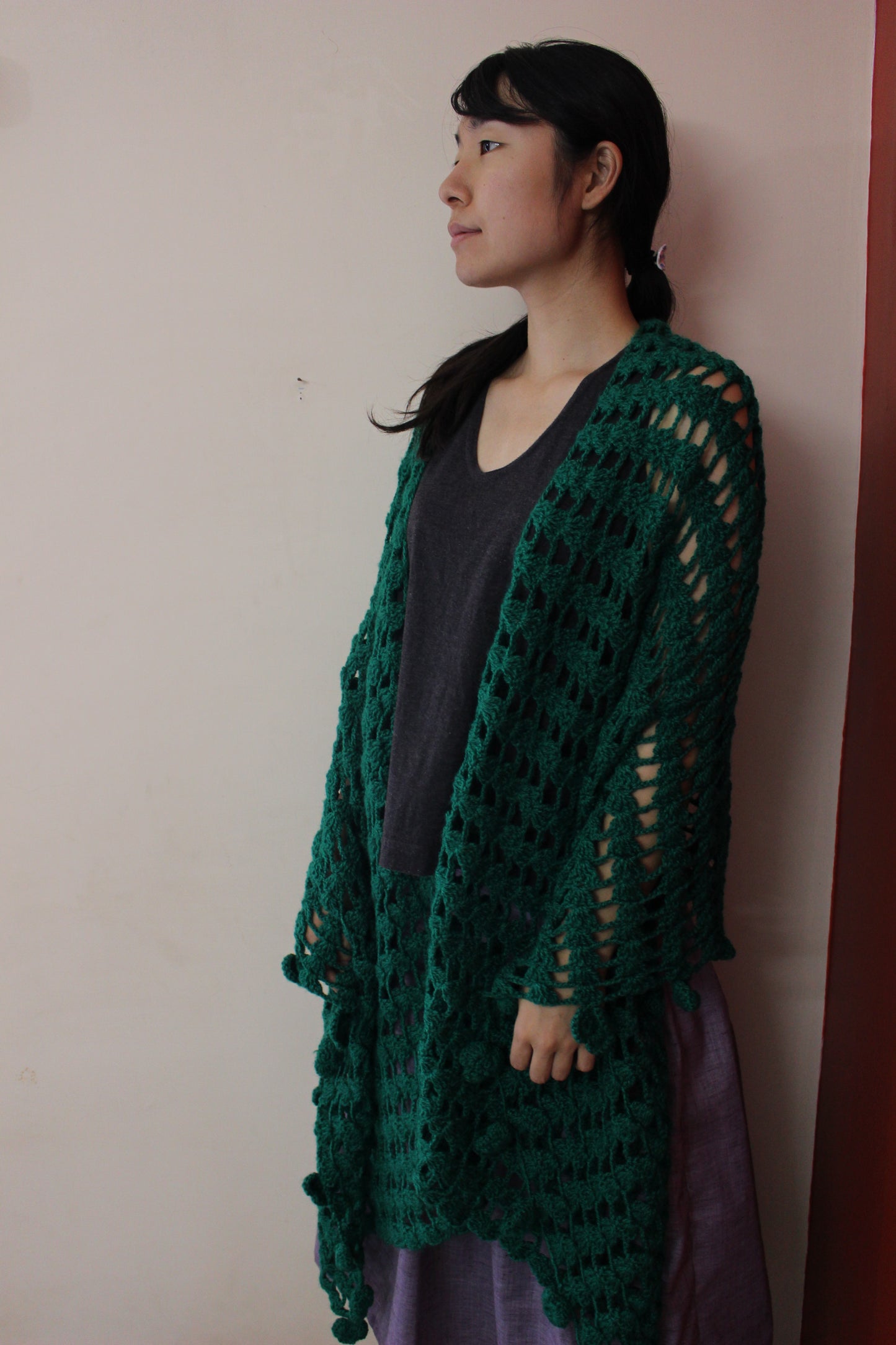 Hand Knitted Woollen Scarf- Dark Green