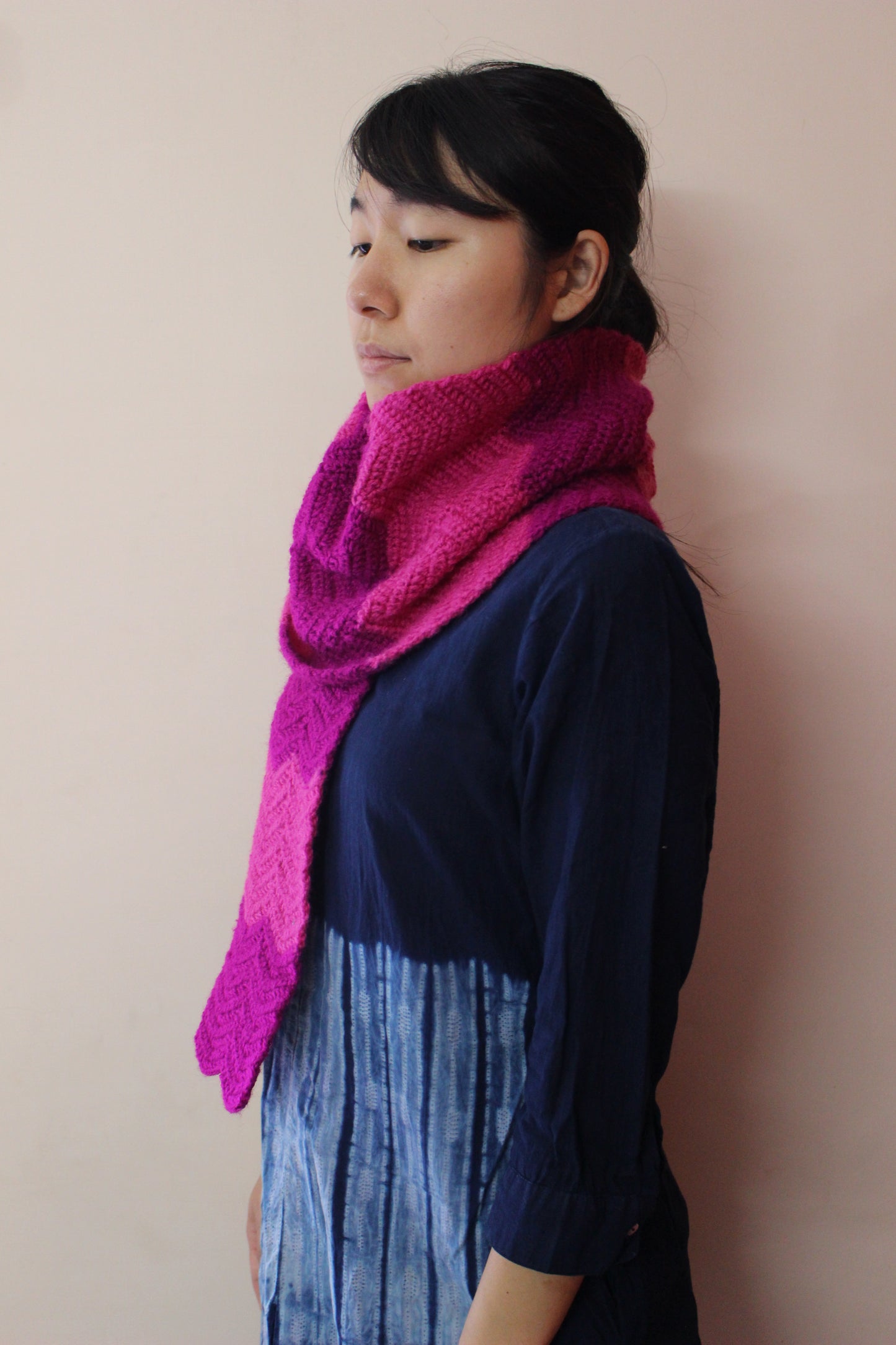 Hand Knitted Woollen Scarf- Dark Pink