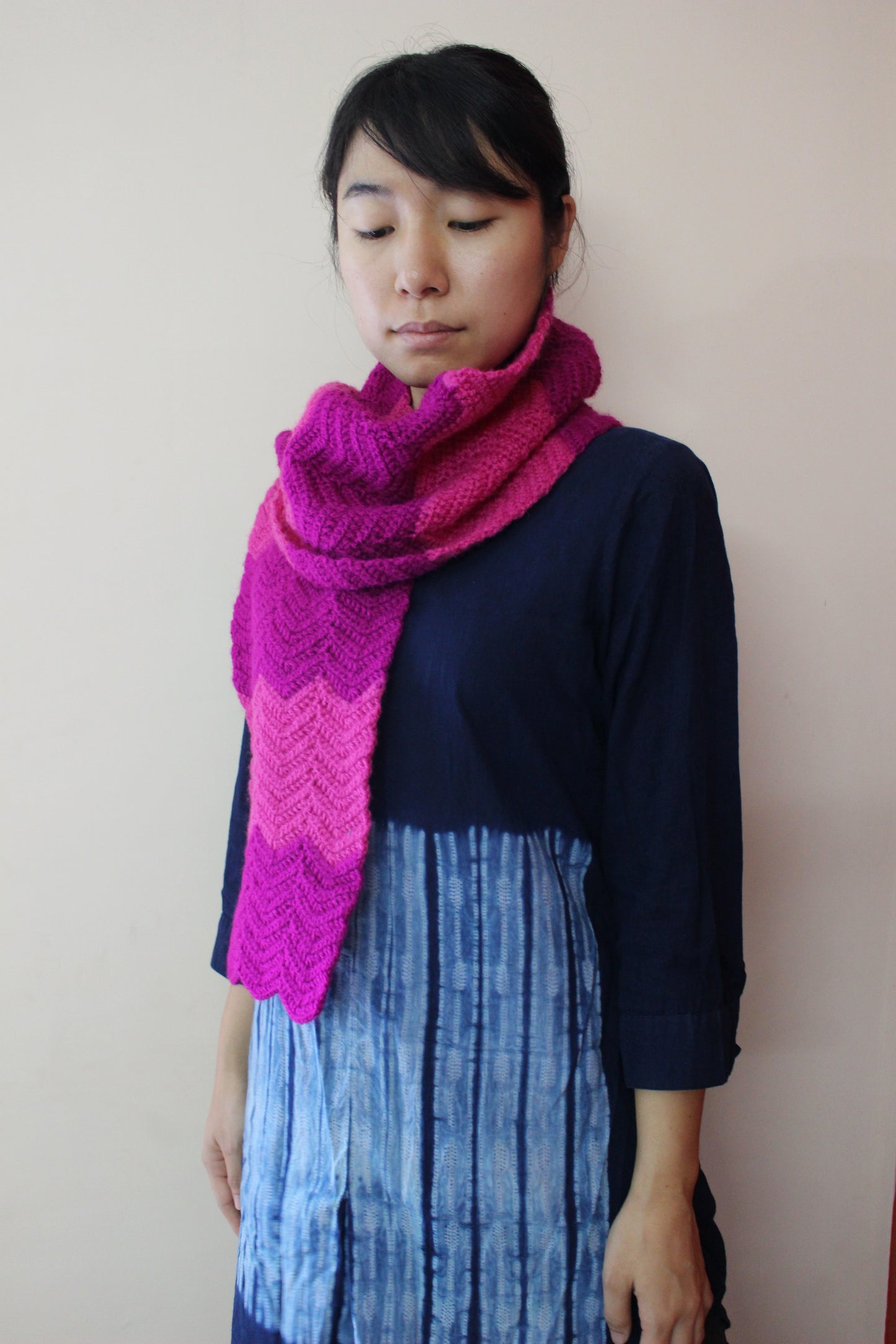 Hand Knitted Woollen Scarf- Dark Pink